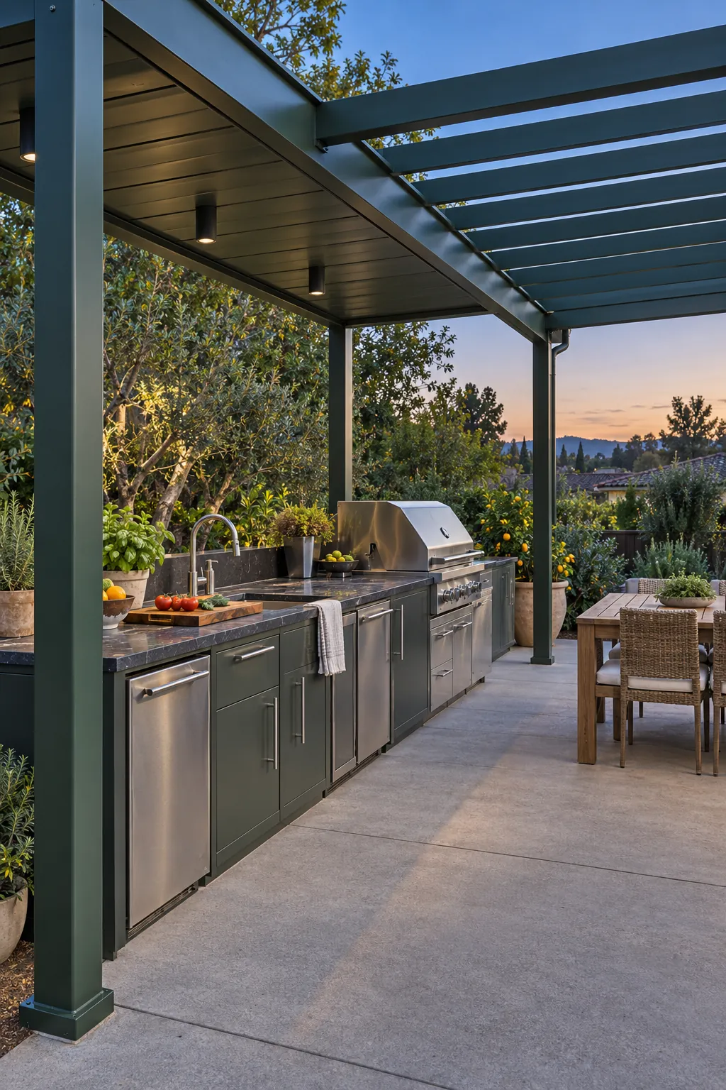 Modern pergola covering an organized outdoor kitchen