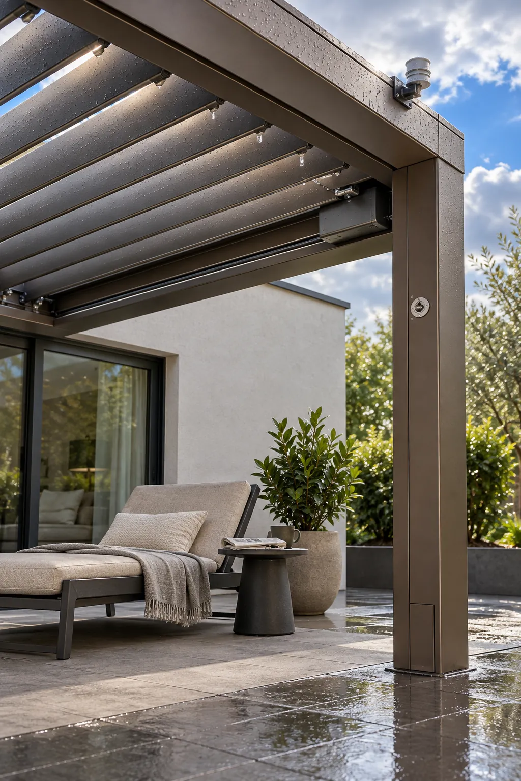 Bioclimatic modern pergola with rotating roof louvers