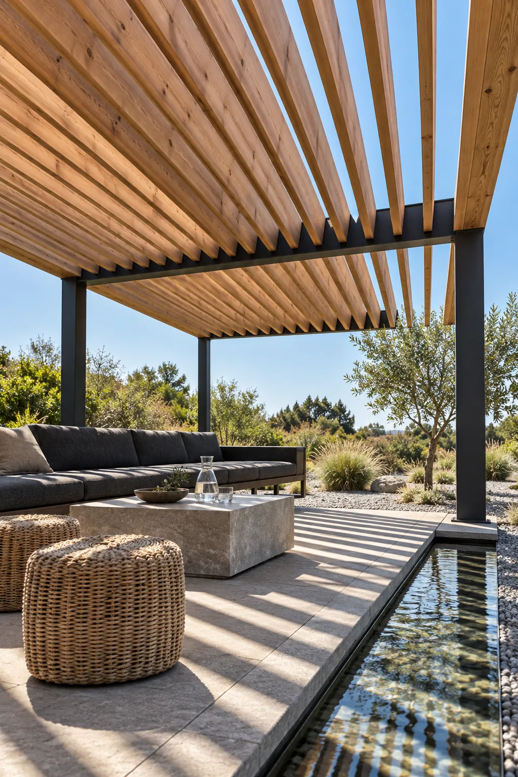 Sculptural timber slat modern pergola casting patterned shade