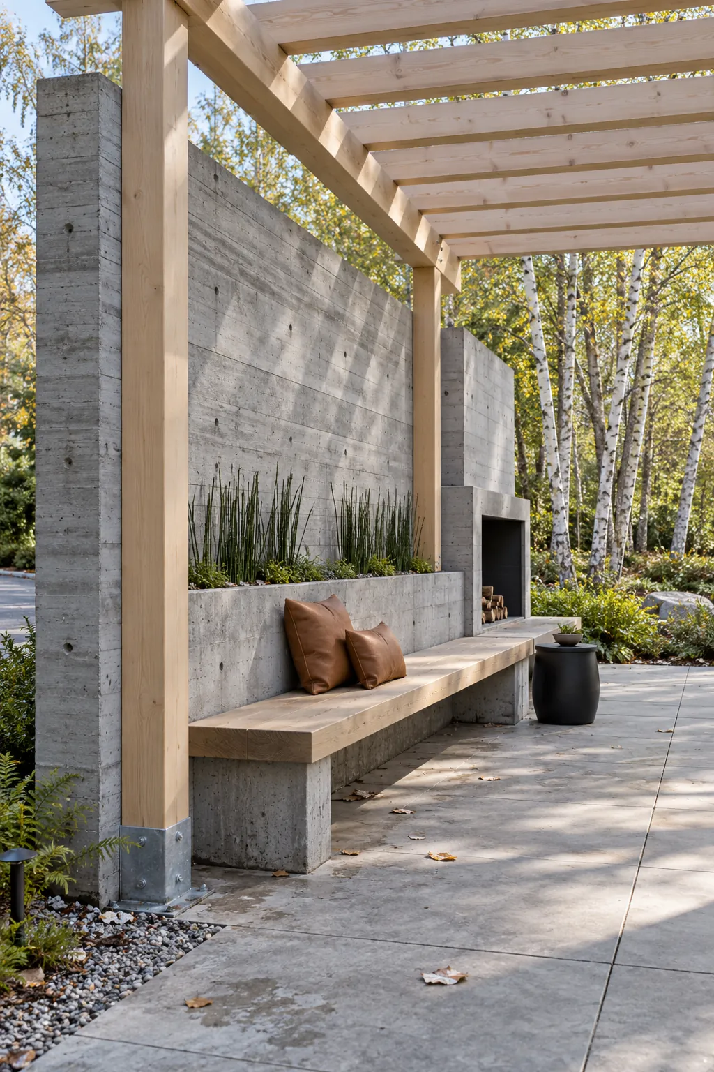 Modern wood pergola beside a textured concrete privacy wall