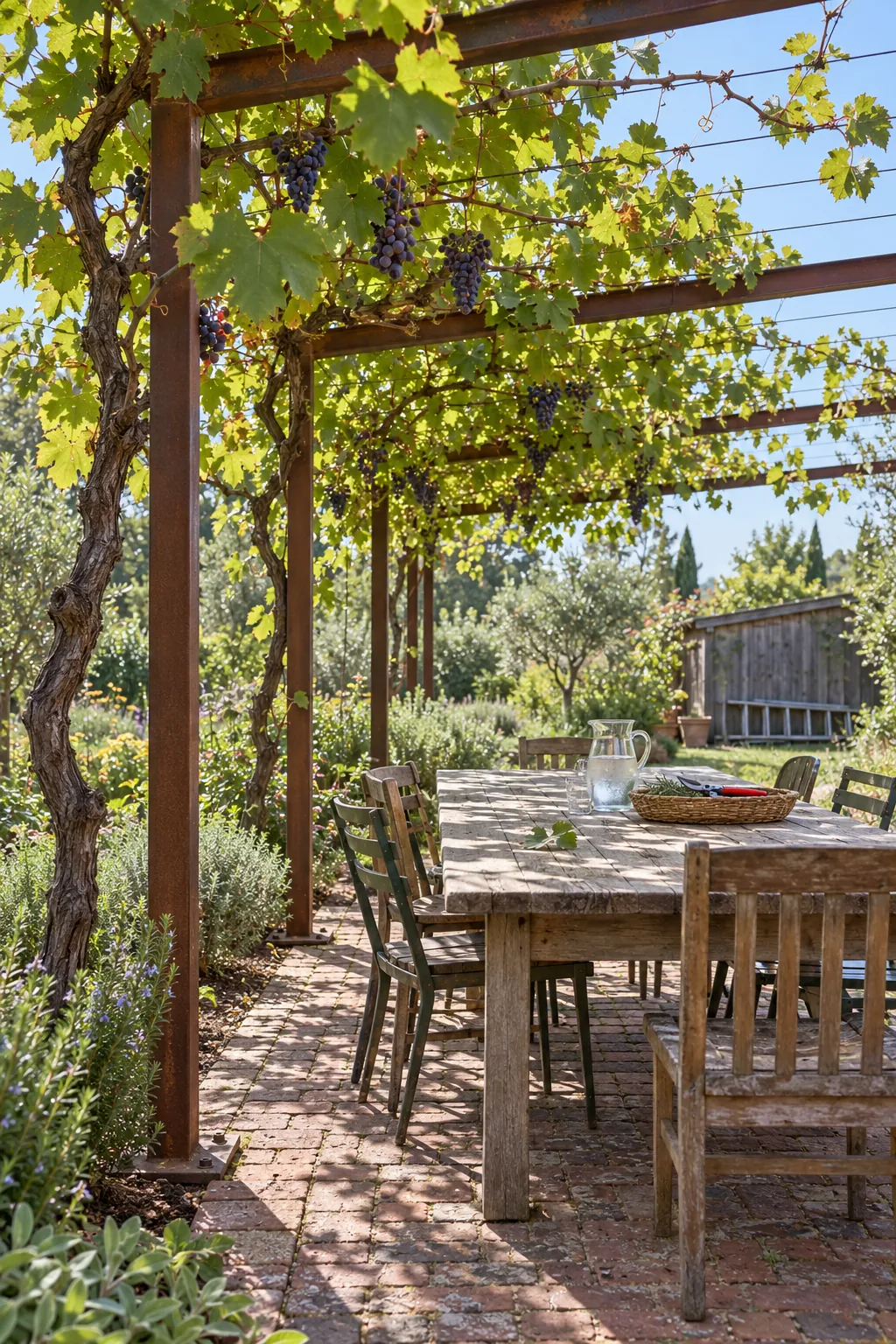 Modern garden pergola with a controlled climbing vine canopy