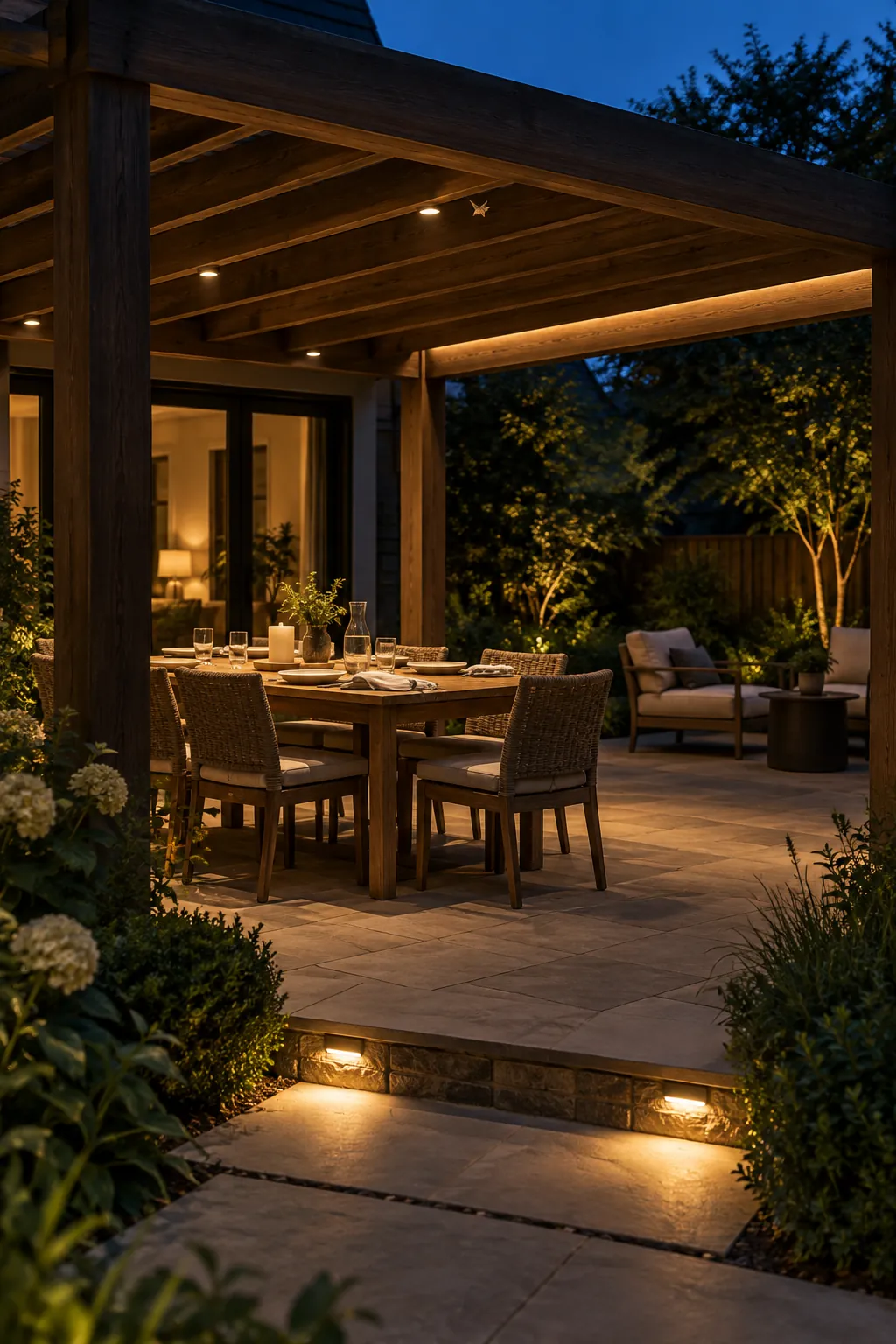 Modern pergola with warm integrated lighting above evening seating