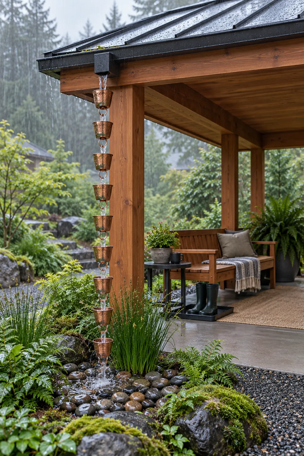 Modern roofed pergola with a rain chain draining into stone