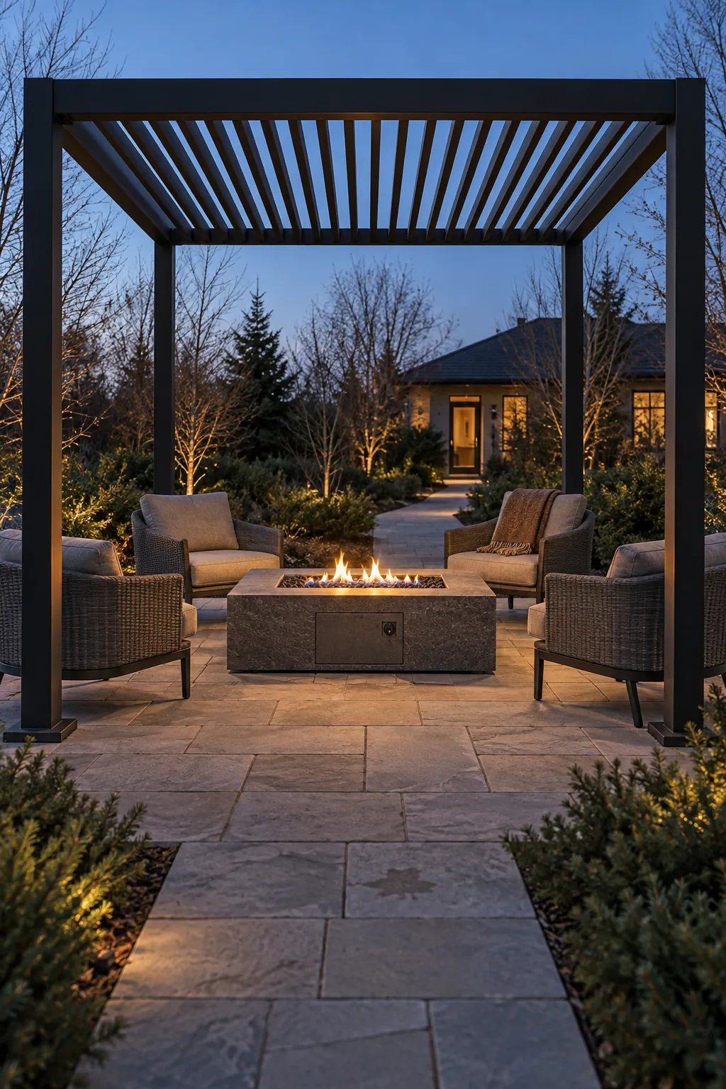 Modern pergola sheltering a ventilated fire table lounge