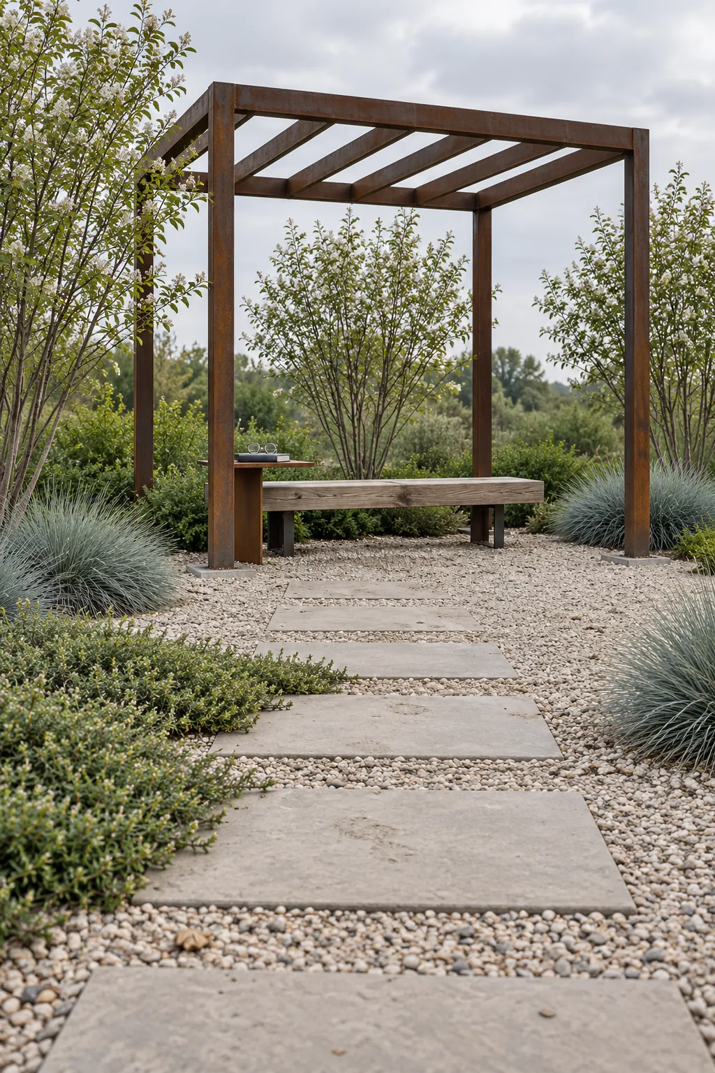 Minimal modern pergola with a bench in a gravel garden