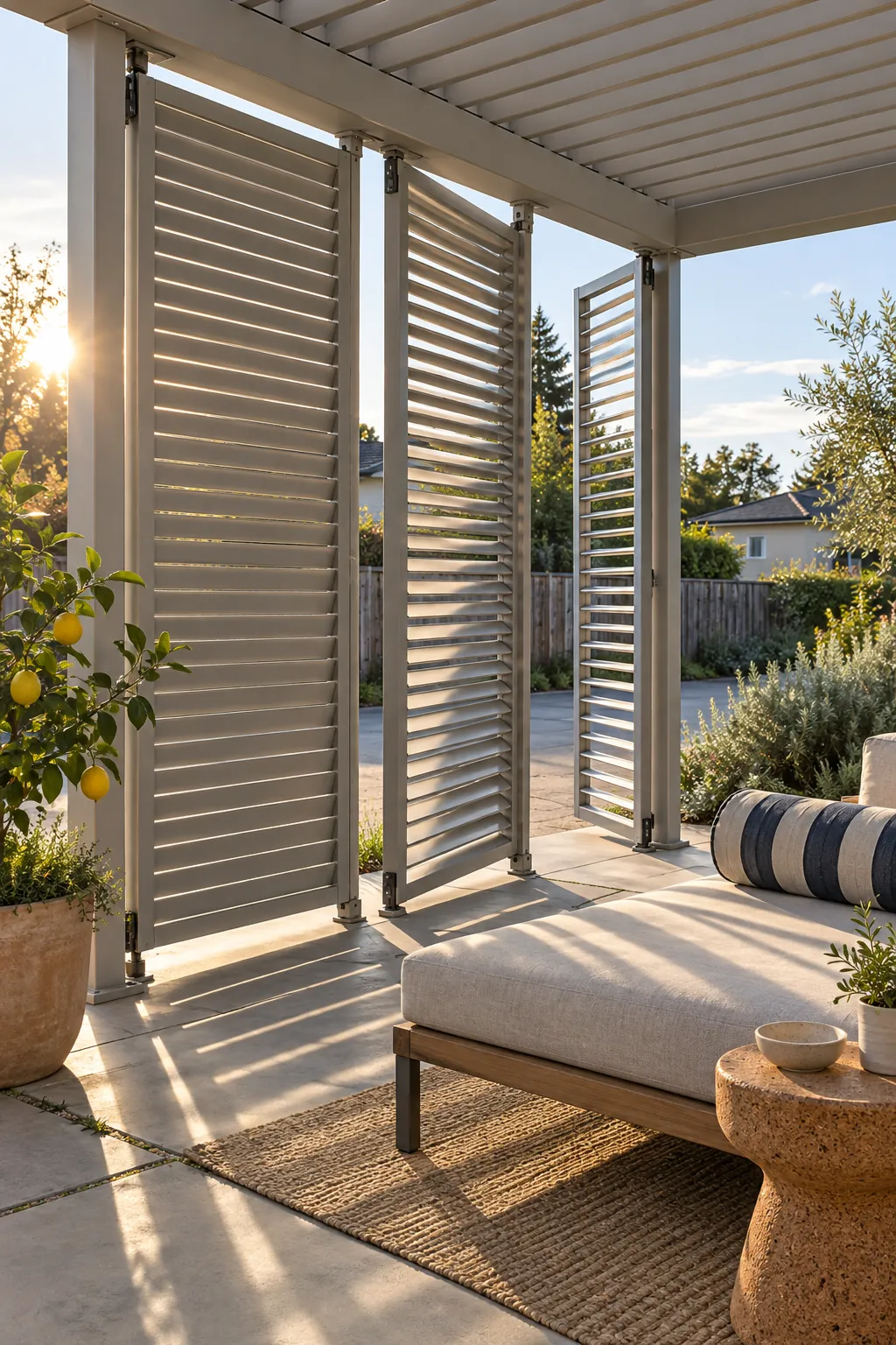Modern pergola with adjustable side screens for privacy and sun
