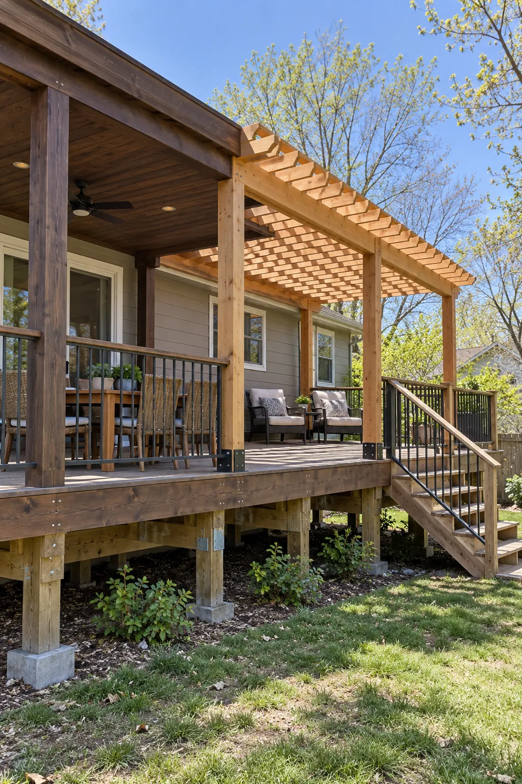 Modern pergola extending shade across a raised deck