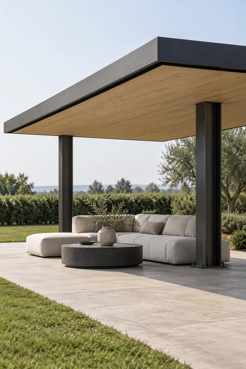 Thin modern pergola roof designed with a floating appearance