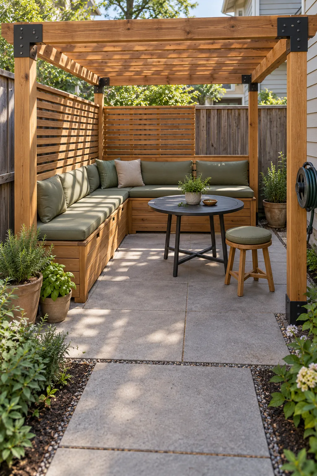 Small modern pergola with a built in corner bench