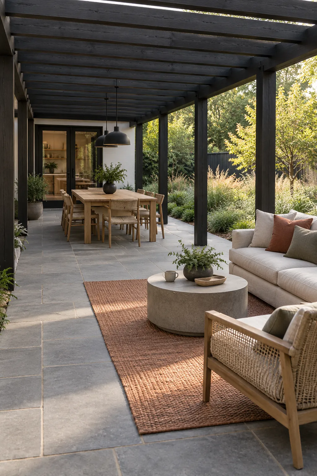 Long modern pergola with separate dining and lounge zones