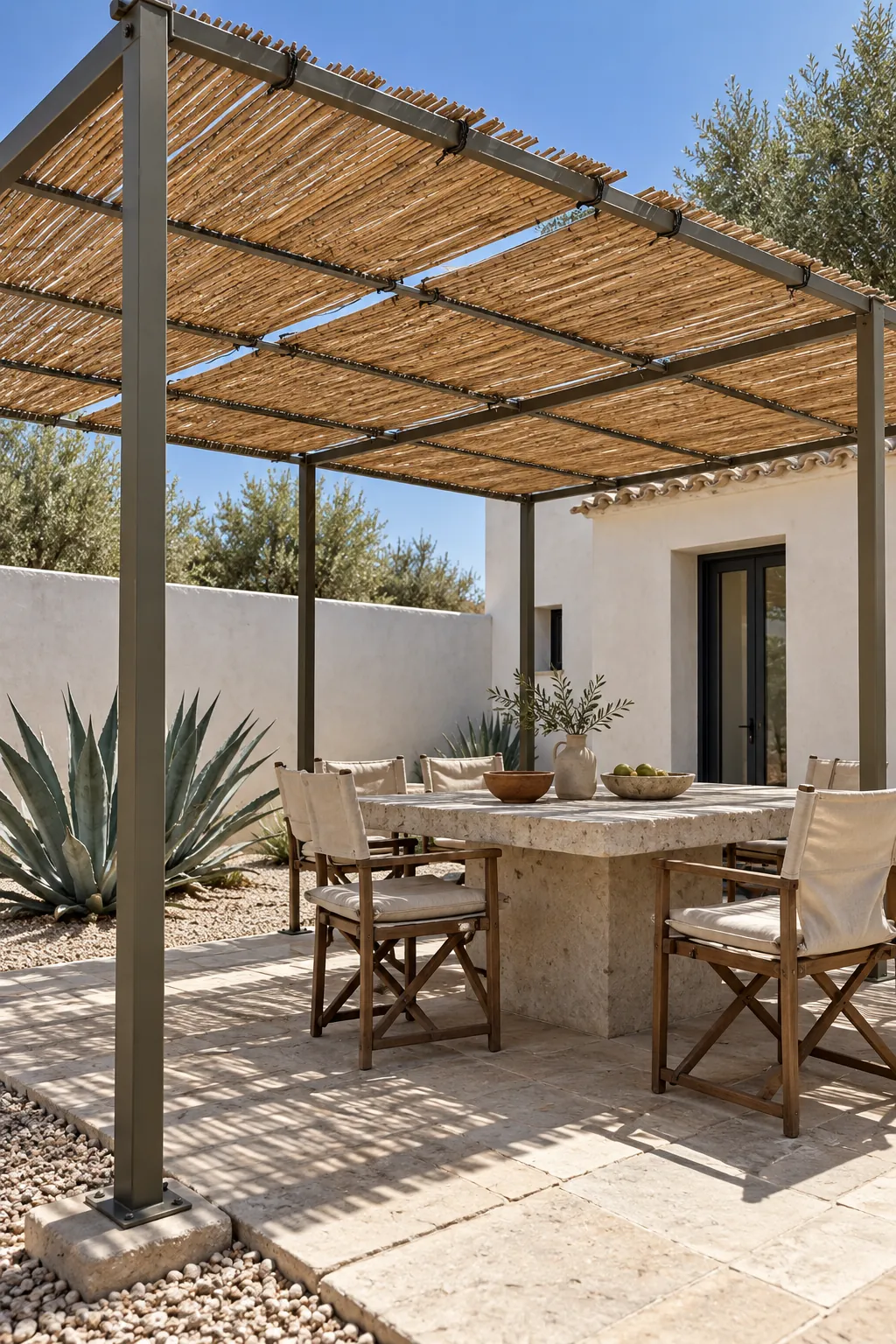 Modern metal pergola with natural reed shade panels