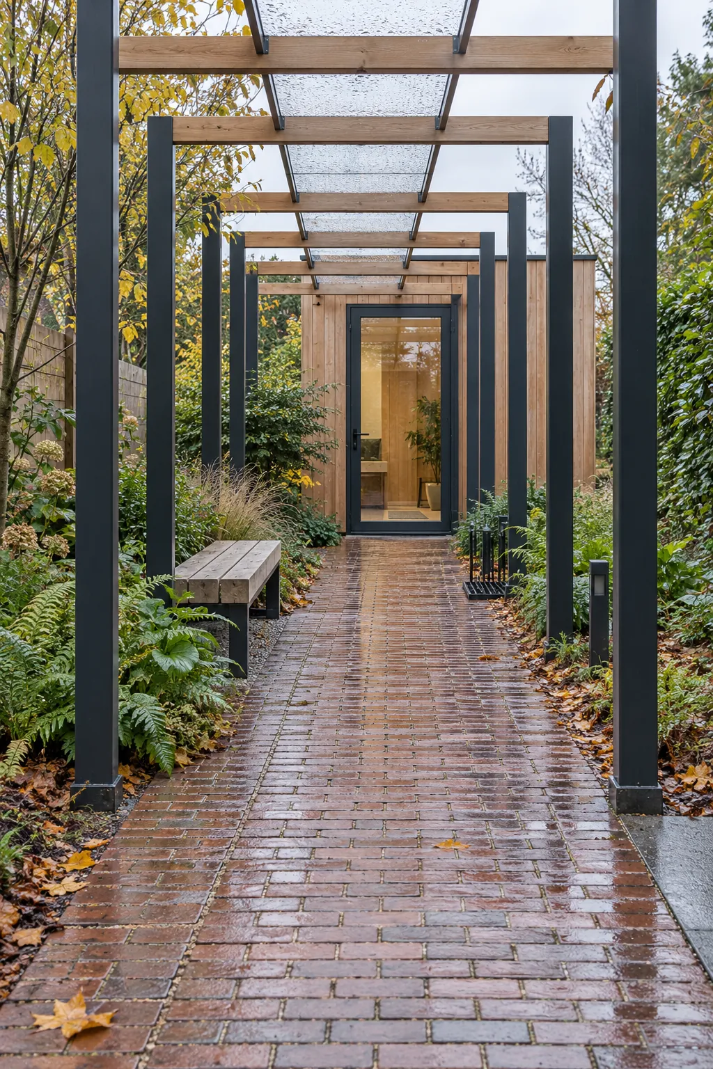 Linear modern pergola linking a house and garden studio
