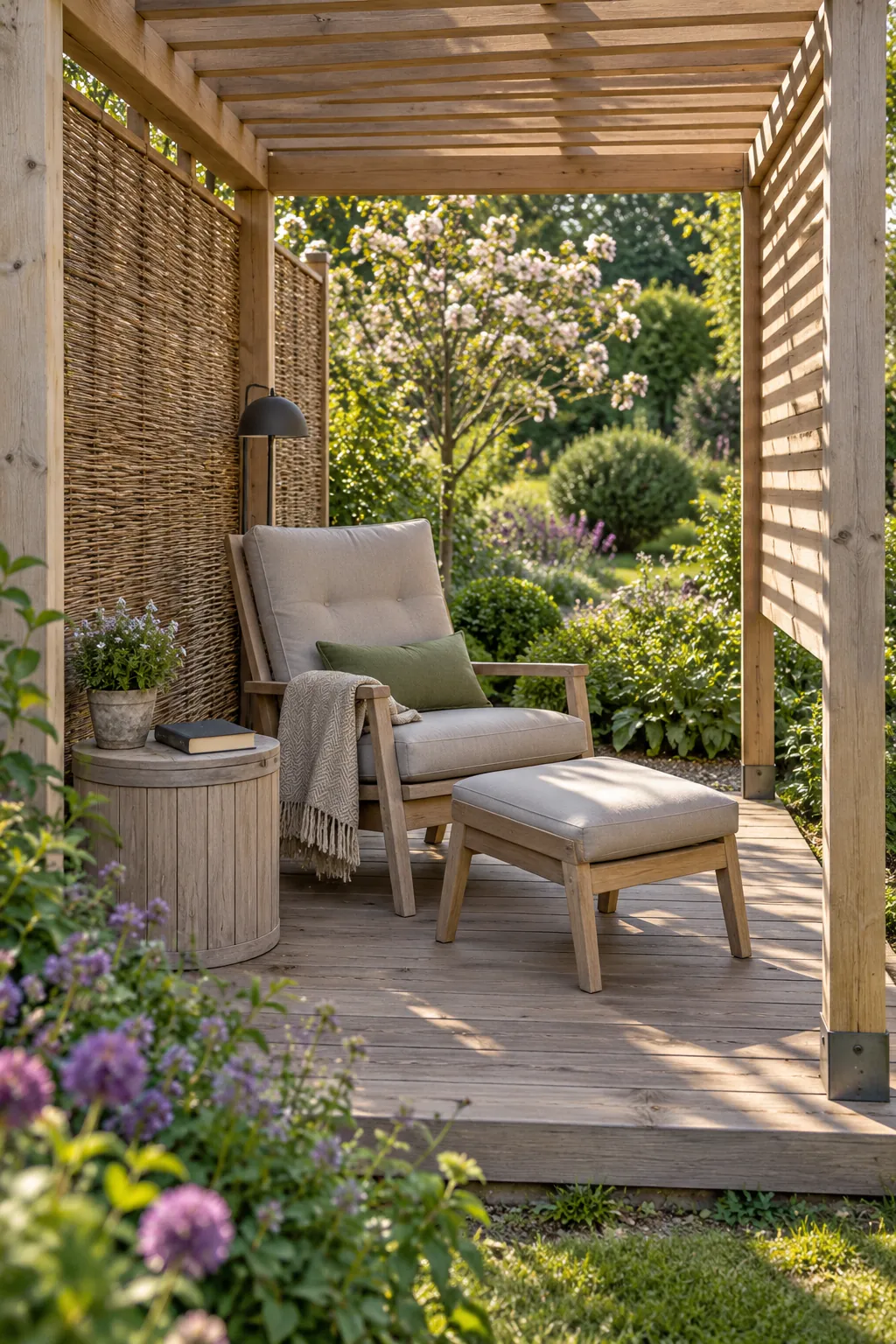 Small modern garden pergola arranged as a quiet reading retreat