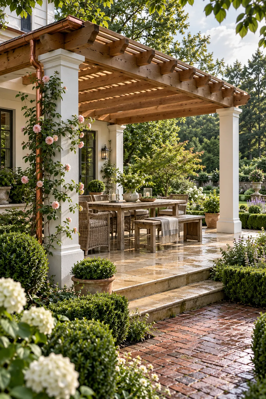 Classic timber pergola with white columns in a layered garden