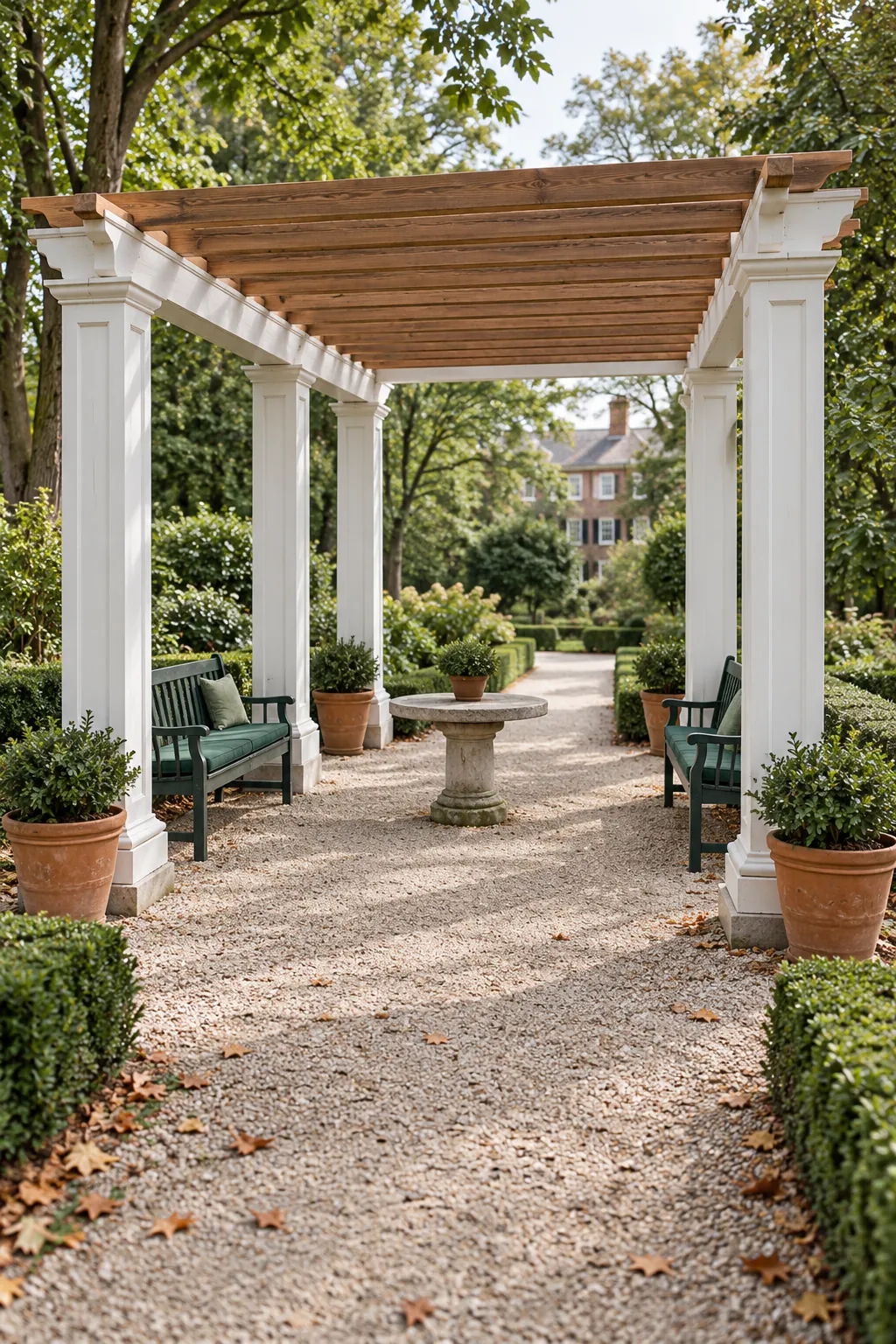 Classic white columned pergola in a formal garden