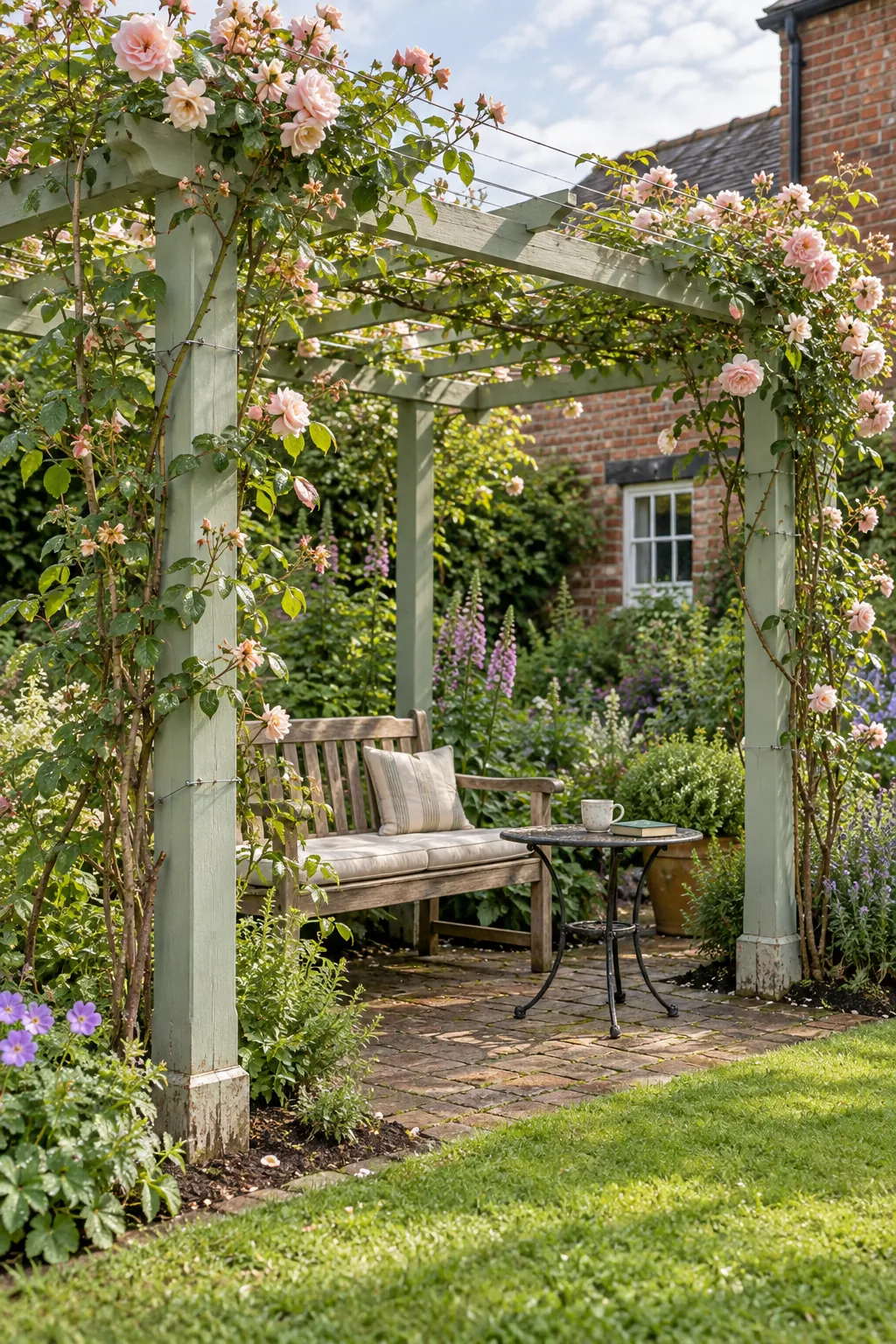 Classic cottage pergola trained with climbing roses