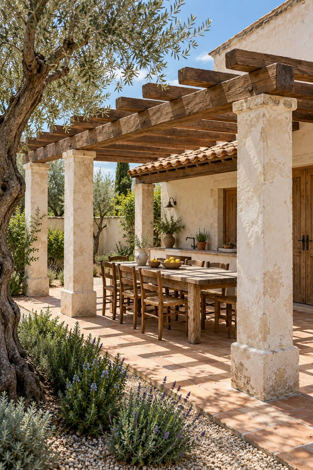 Mediterranean pergola with timber beams and clay tile accents