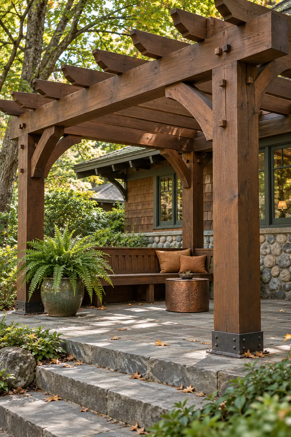 Craftsman pergola with exposed timber brackets