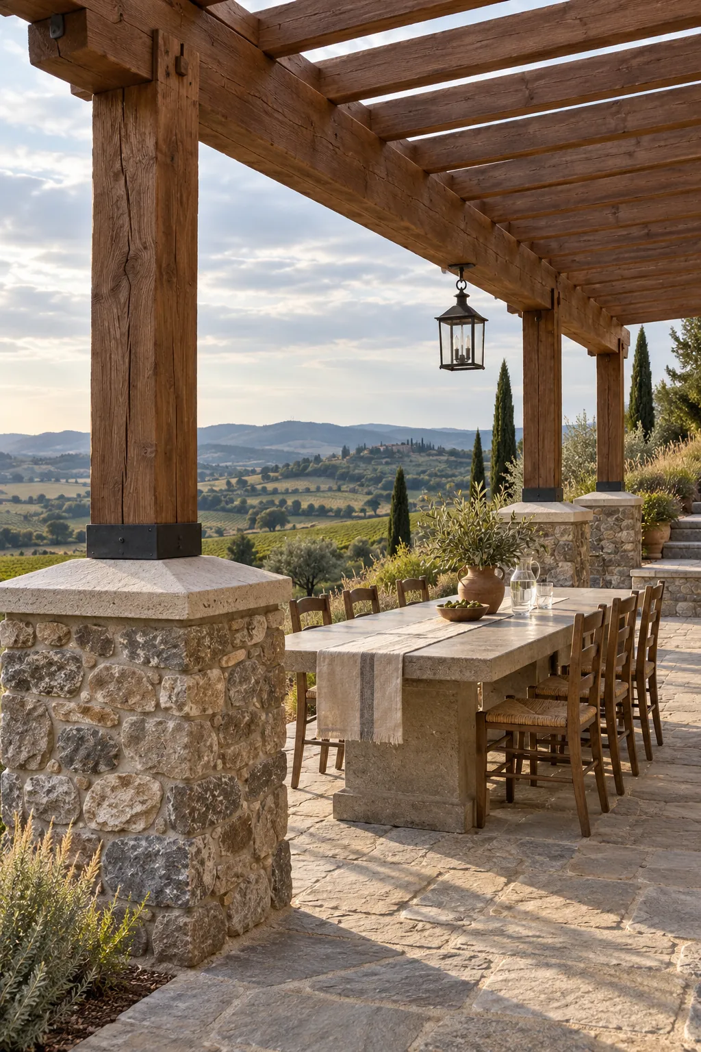 Tuscan style pergola supported by stone piers