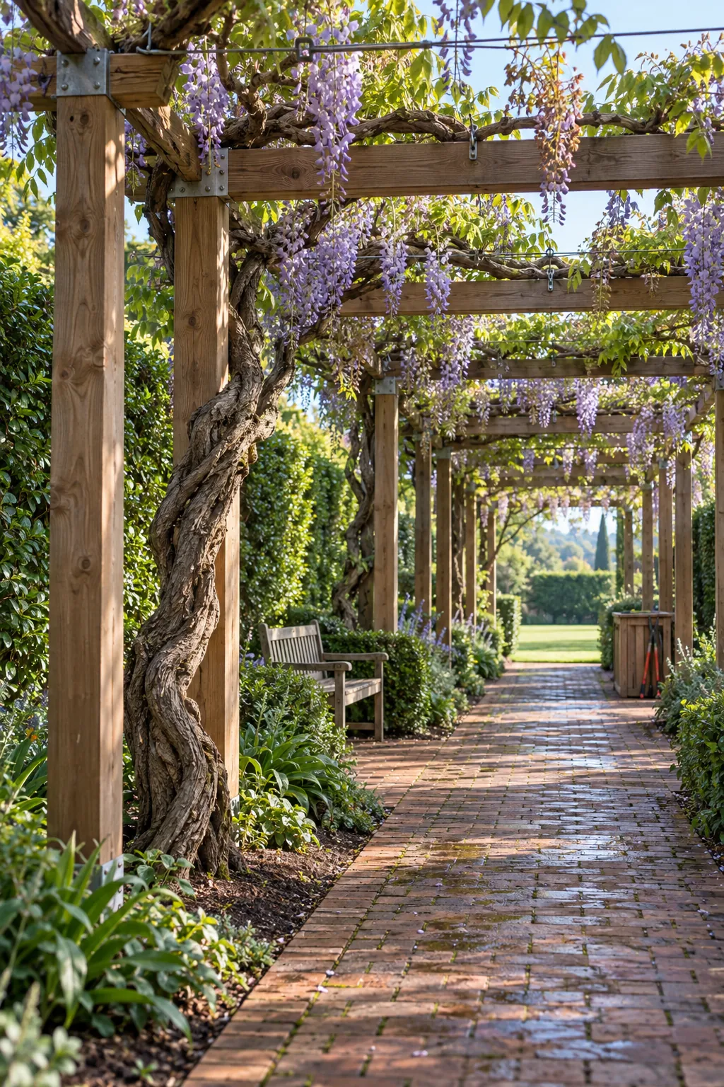 Long classic pergola walkway trained with wisteria