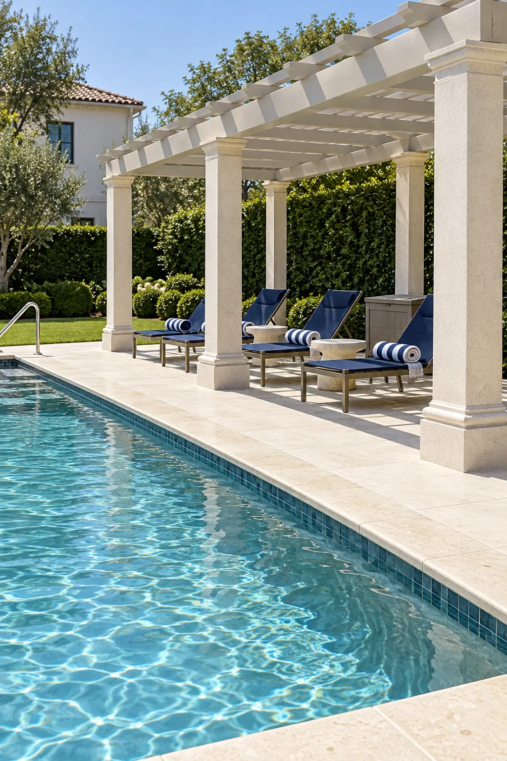 Classic pale pergola colonnade beside a swimming pool