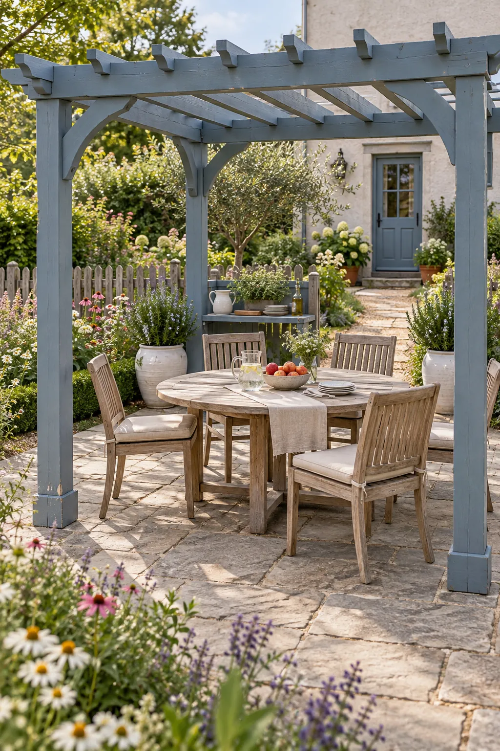 Painted classic wood pergola above garden dining