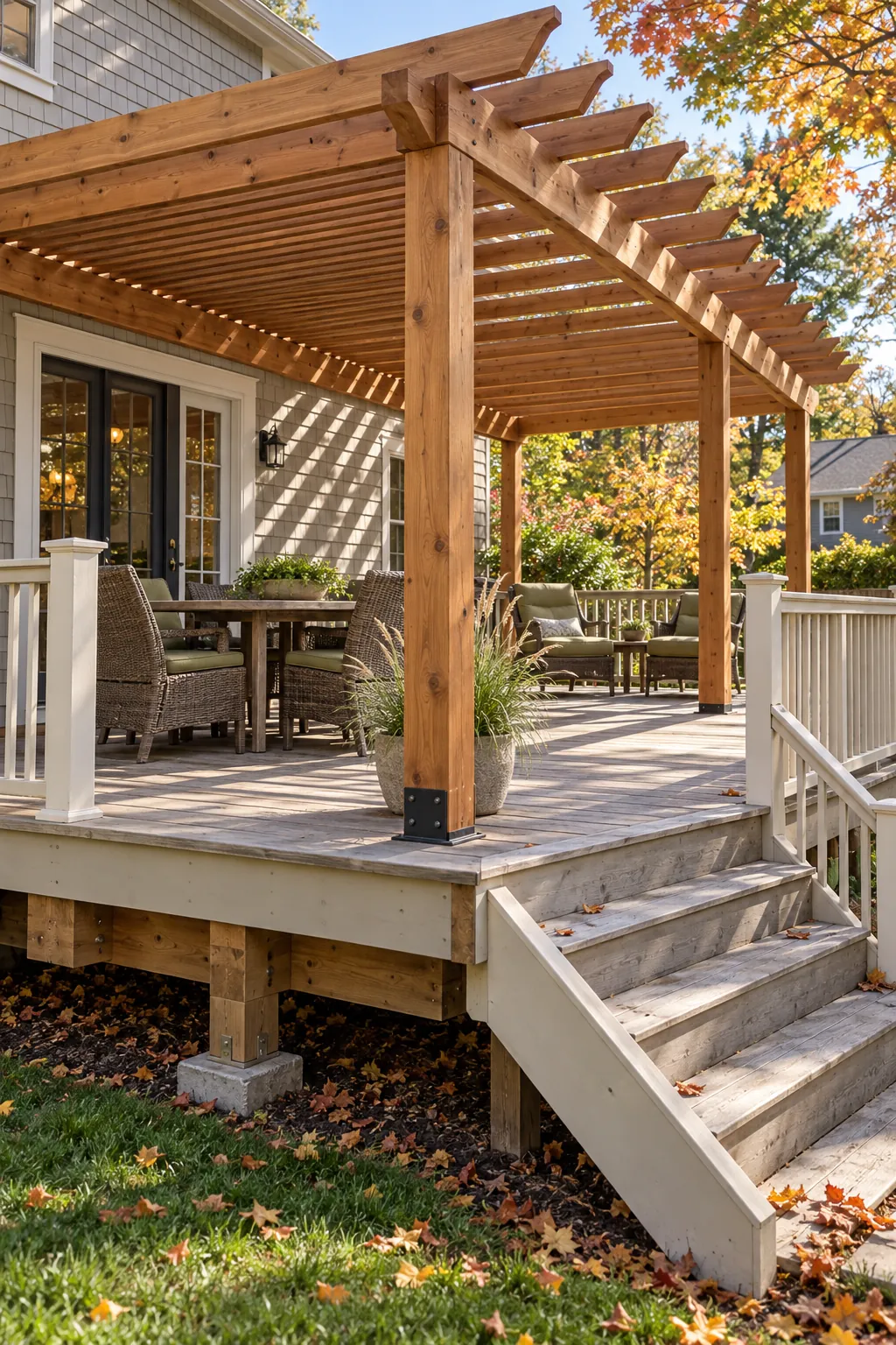 Traditional cedar pergola covering a raised deck