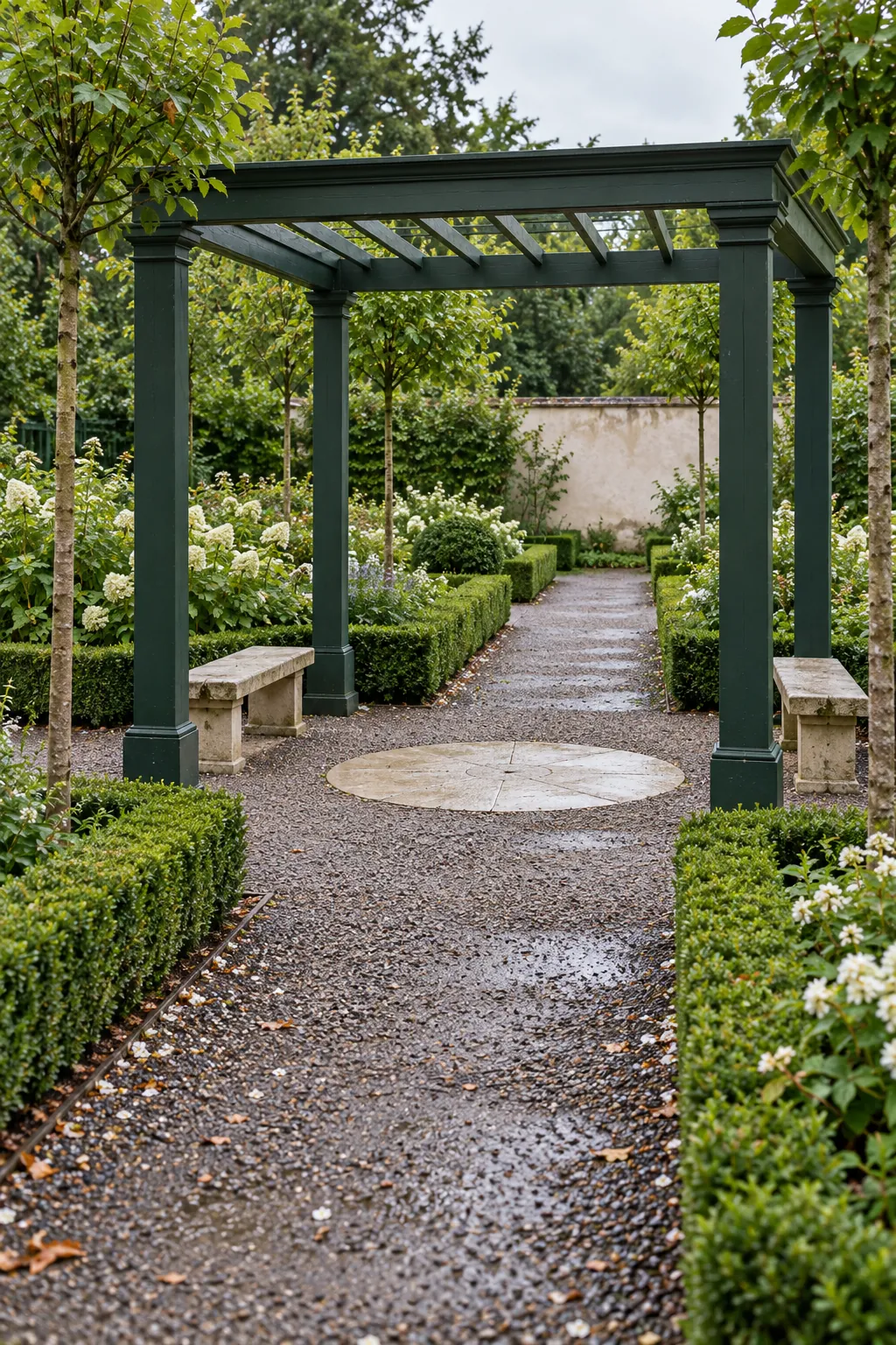 Classic pergola centered at crossing formal garden paths