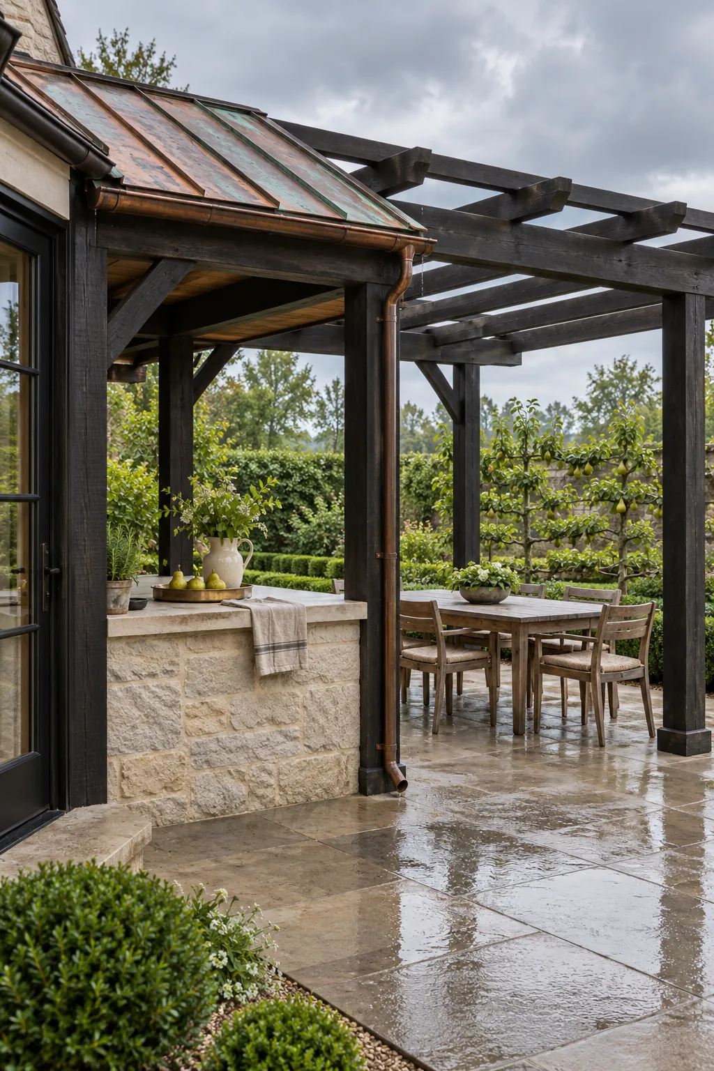 Classic pergola with a narrow copper roof accent