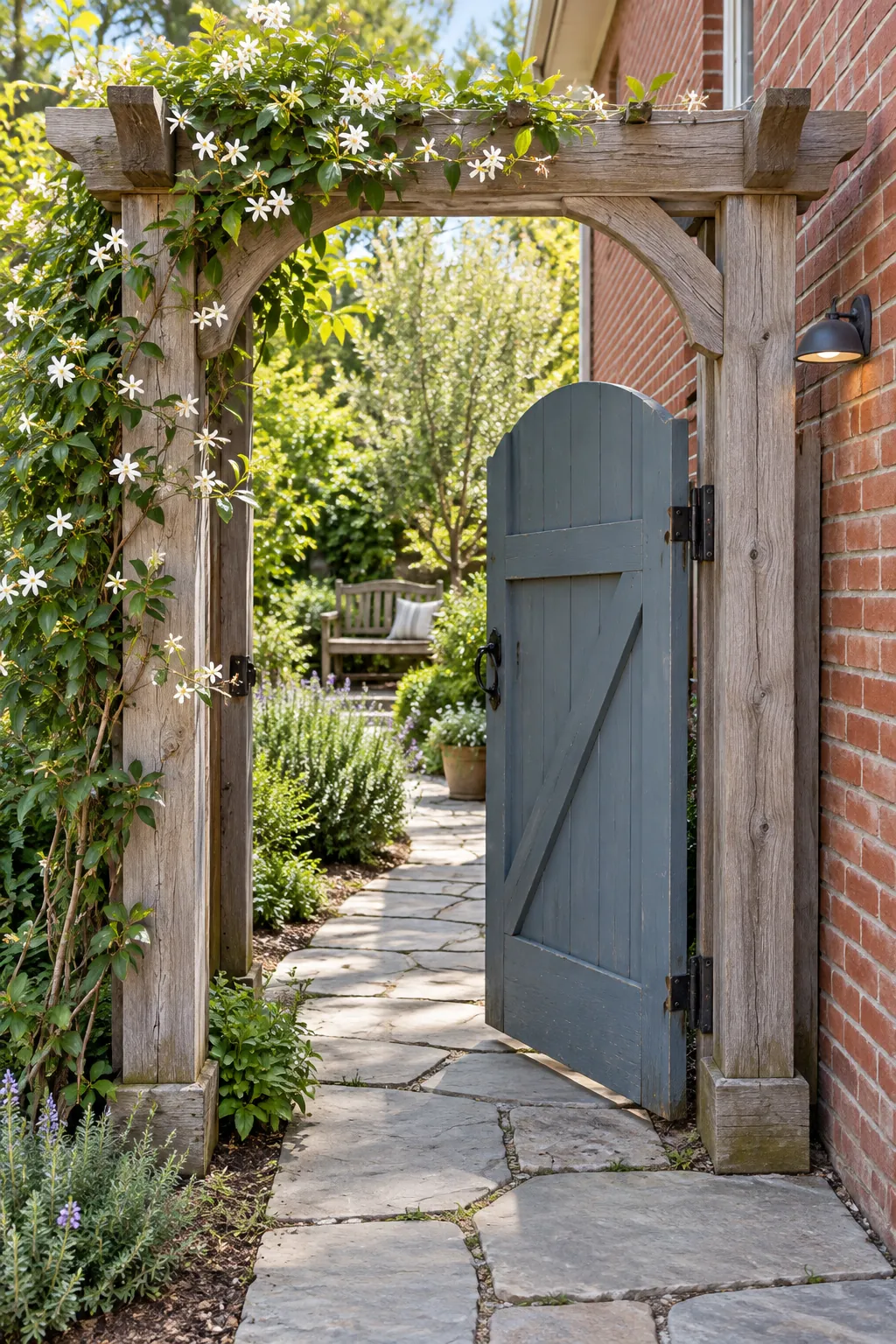 Classic vine covered pergola framing a garden entrance