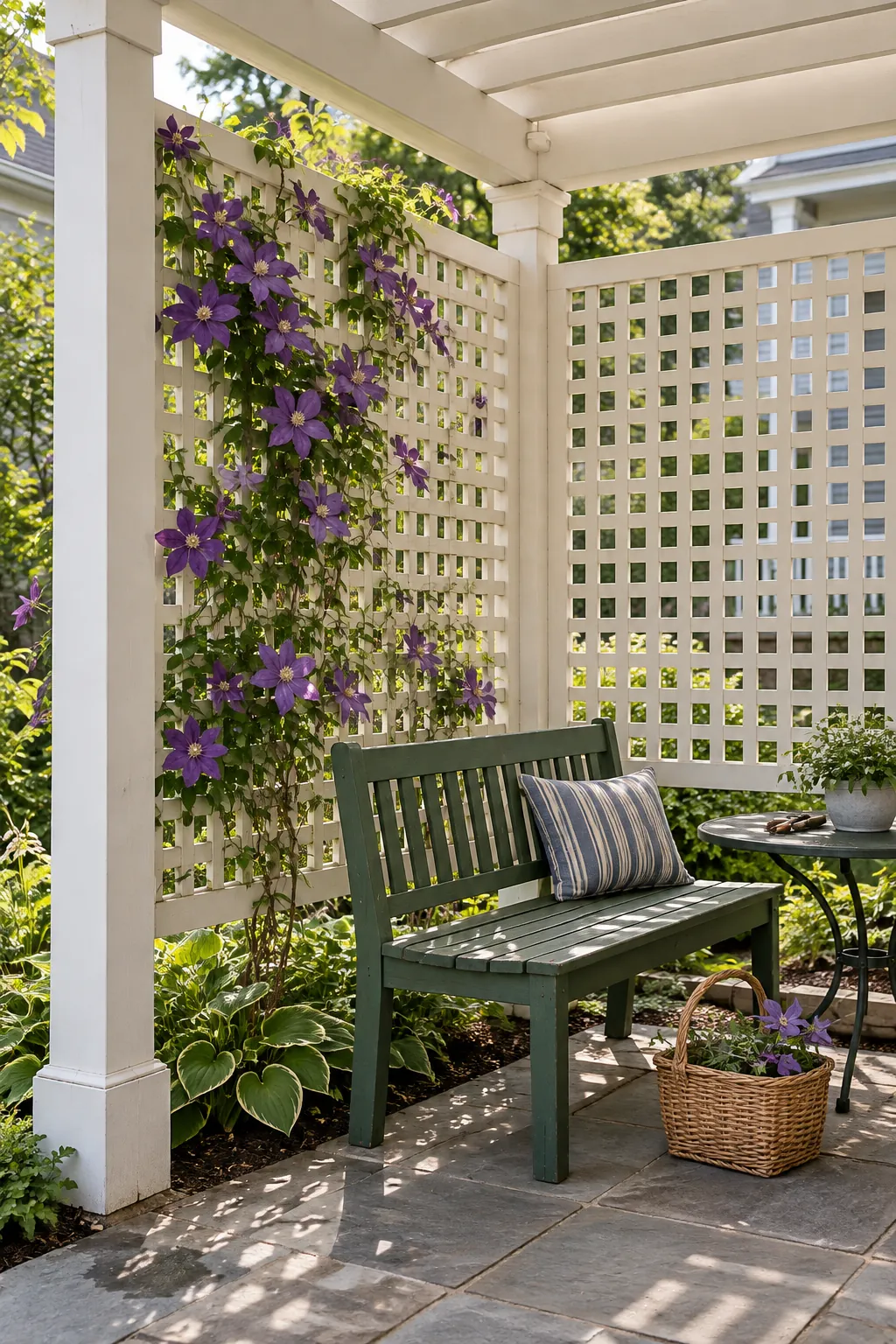 Classic pergola with white lattice privacy panels