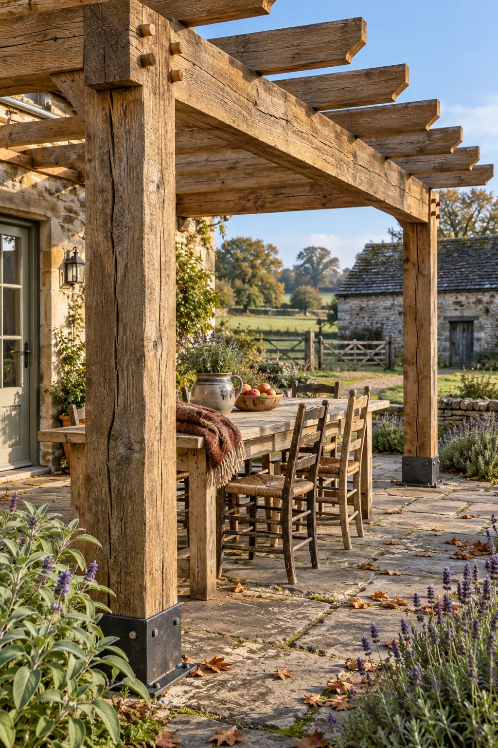 Rustic oak classic pergola on a farmhouse terrace
