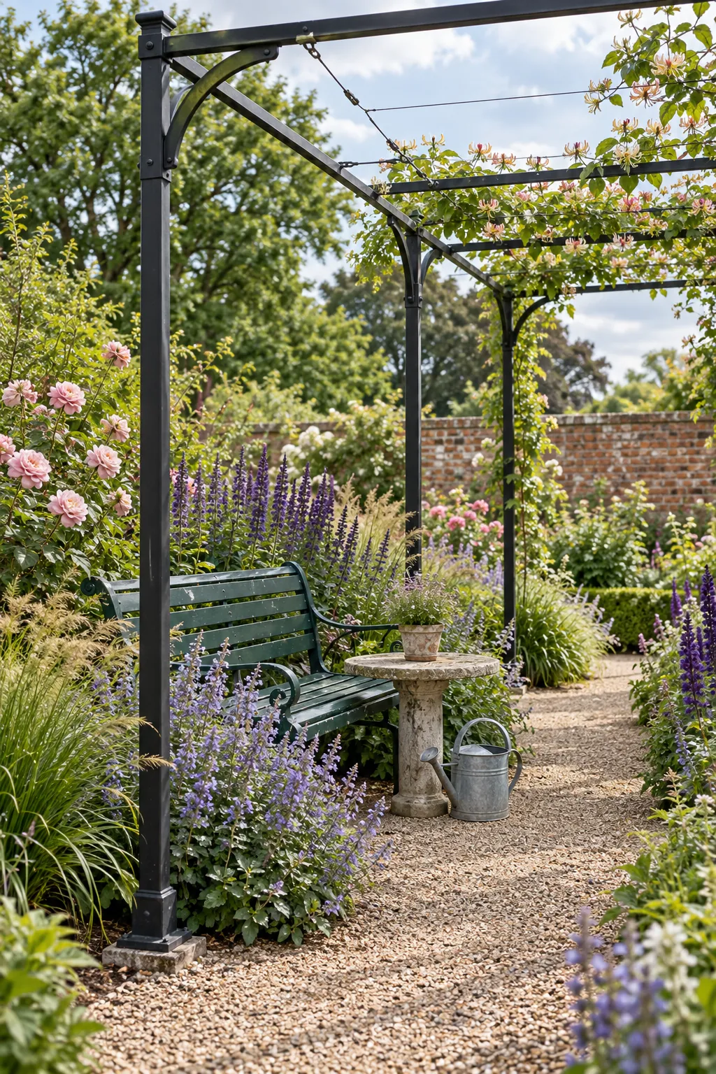 Slender black iron classic pergola in a flower garden