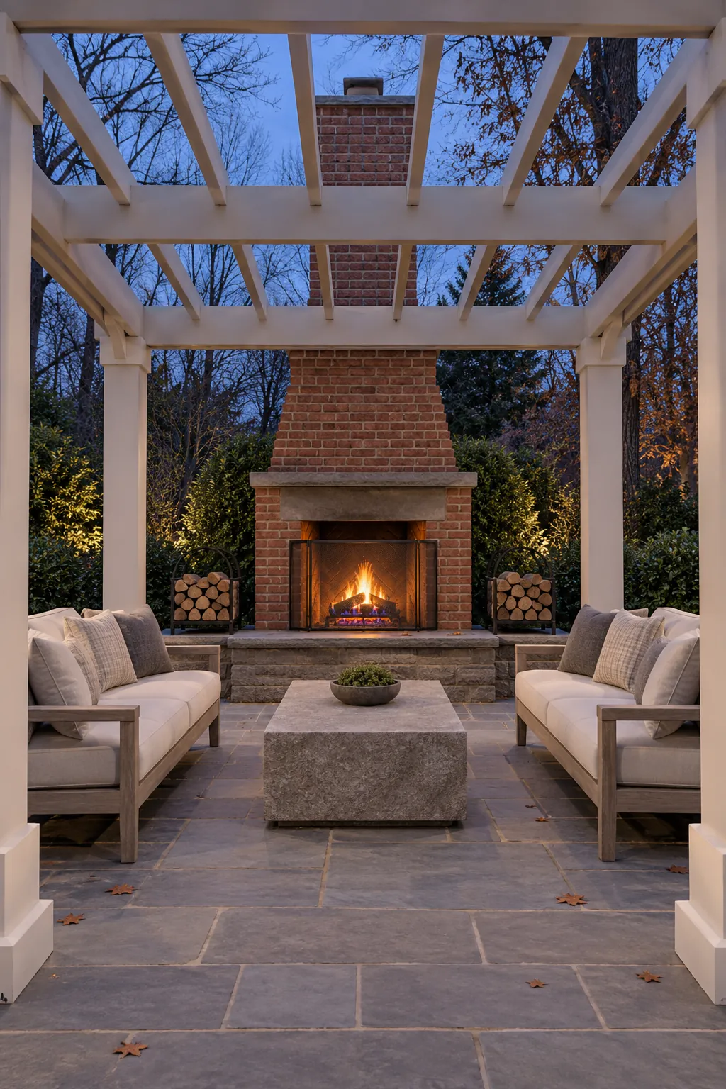 Classic pergola arranged around an outdoor fireplace
