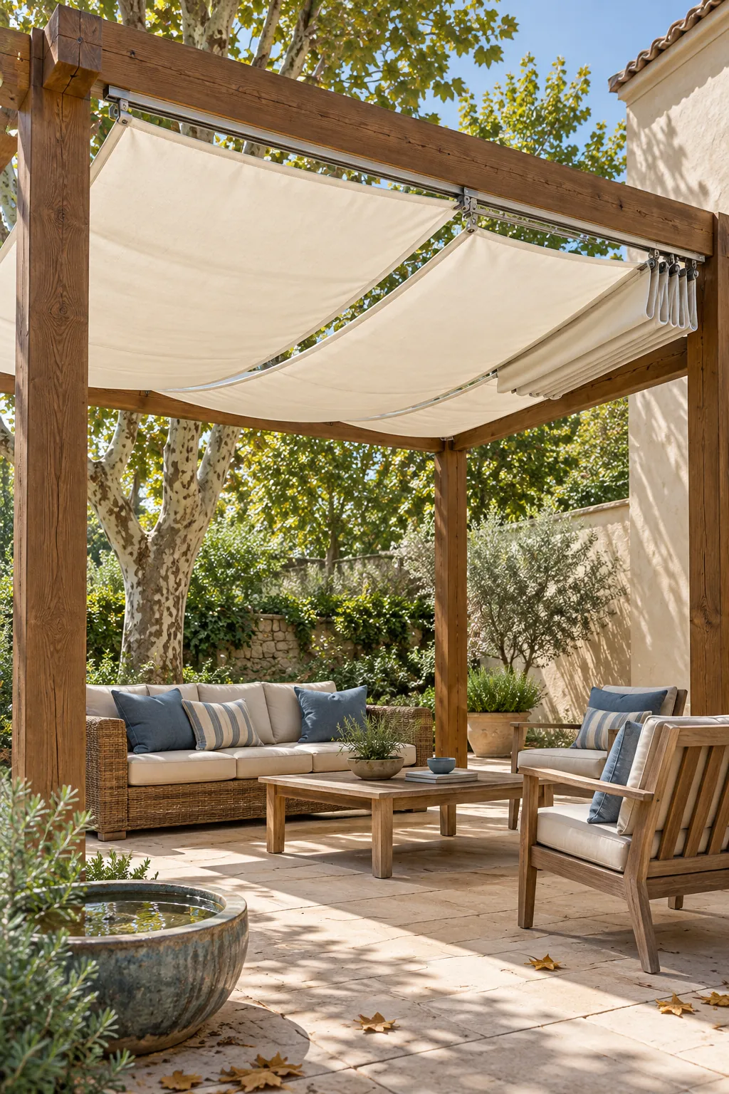 Classic timber pergola with removable canvas shade panels
