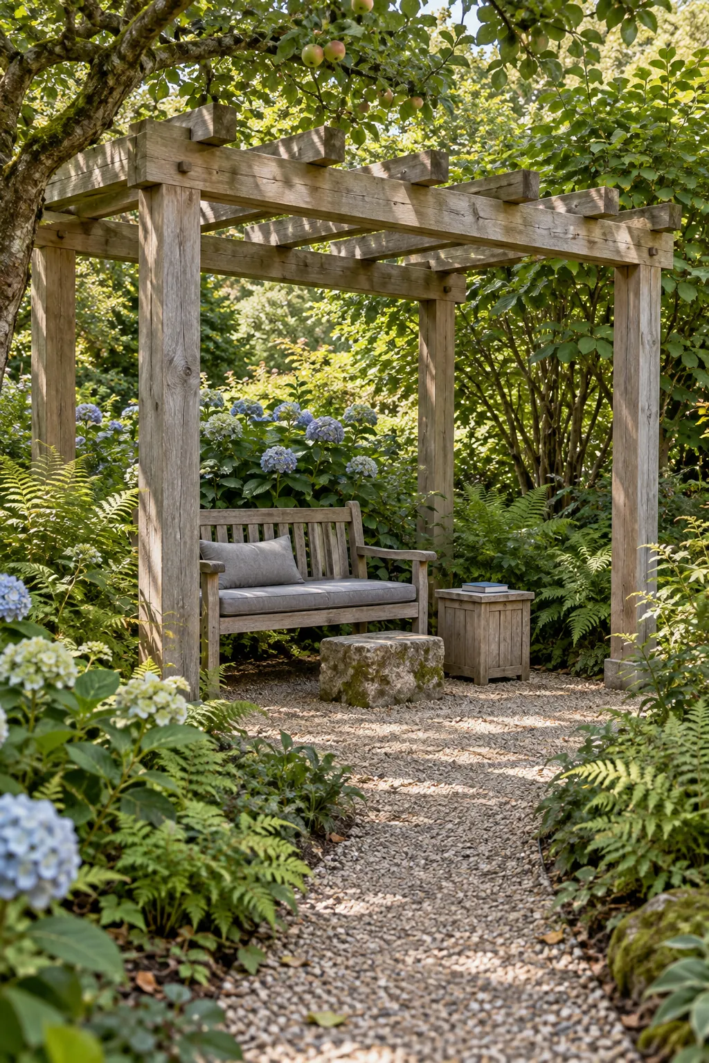 Simple classic wood pergola used as a garden retreat