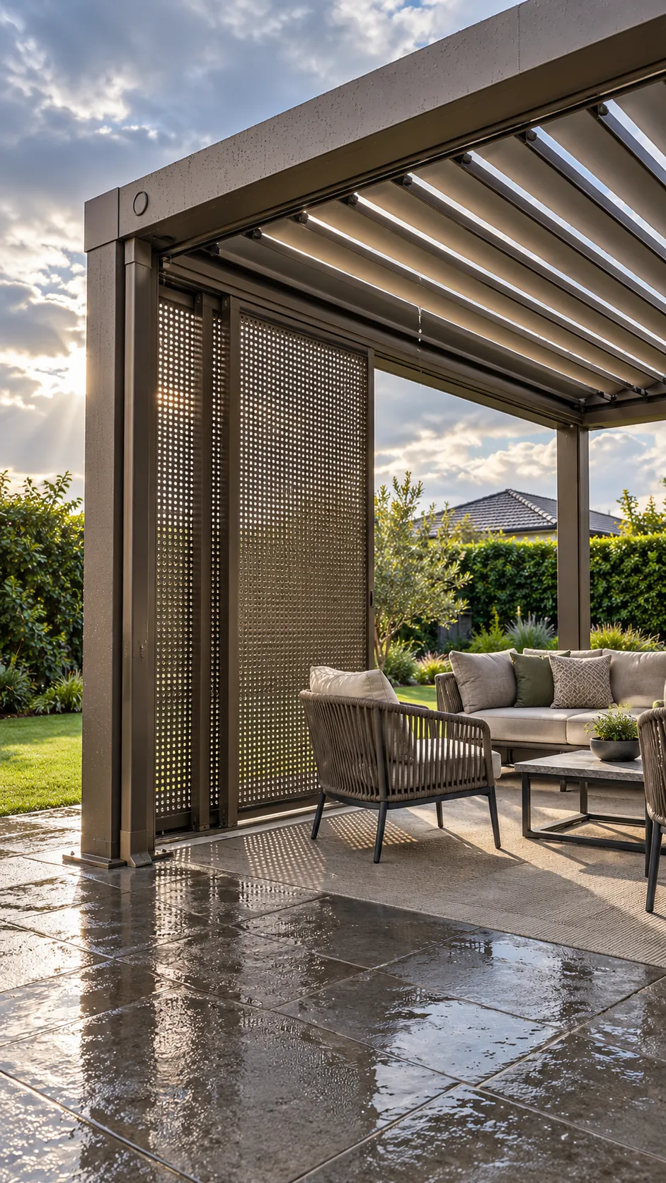 Roofed pergola with louvers and sliding side screens