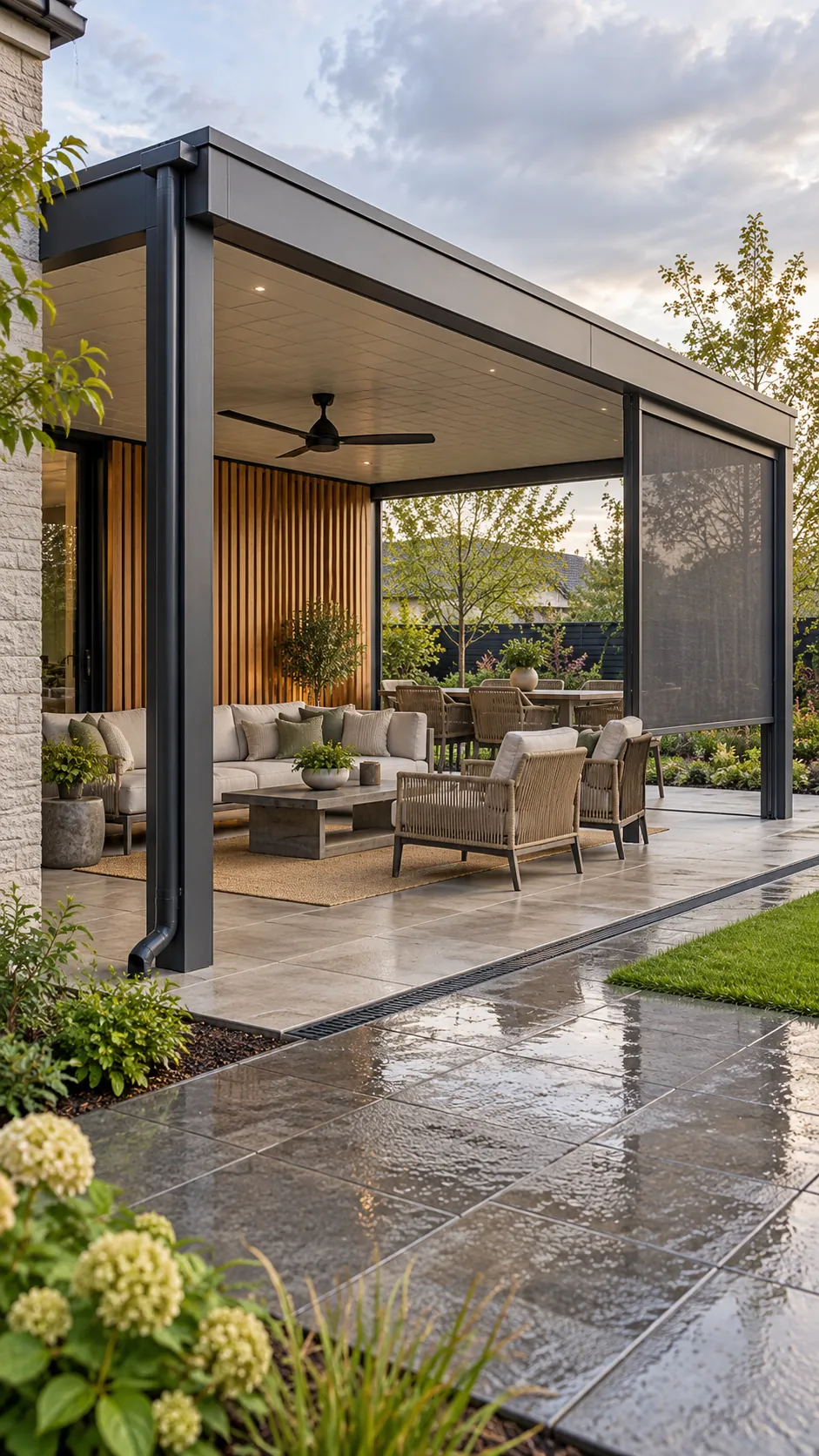 Modern pergola with a solid roof and selective side screens