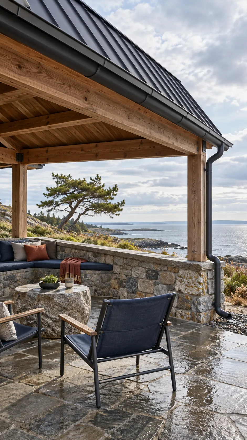 Pergola with metal roof and low stone wind wall