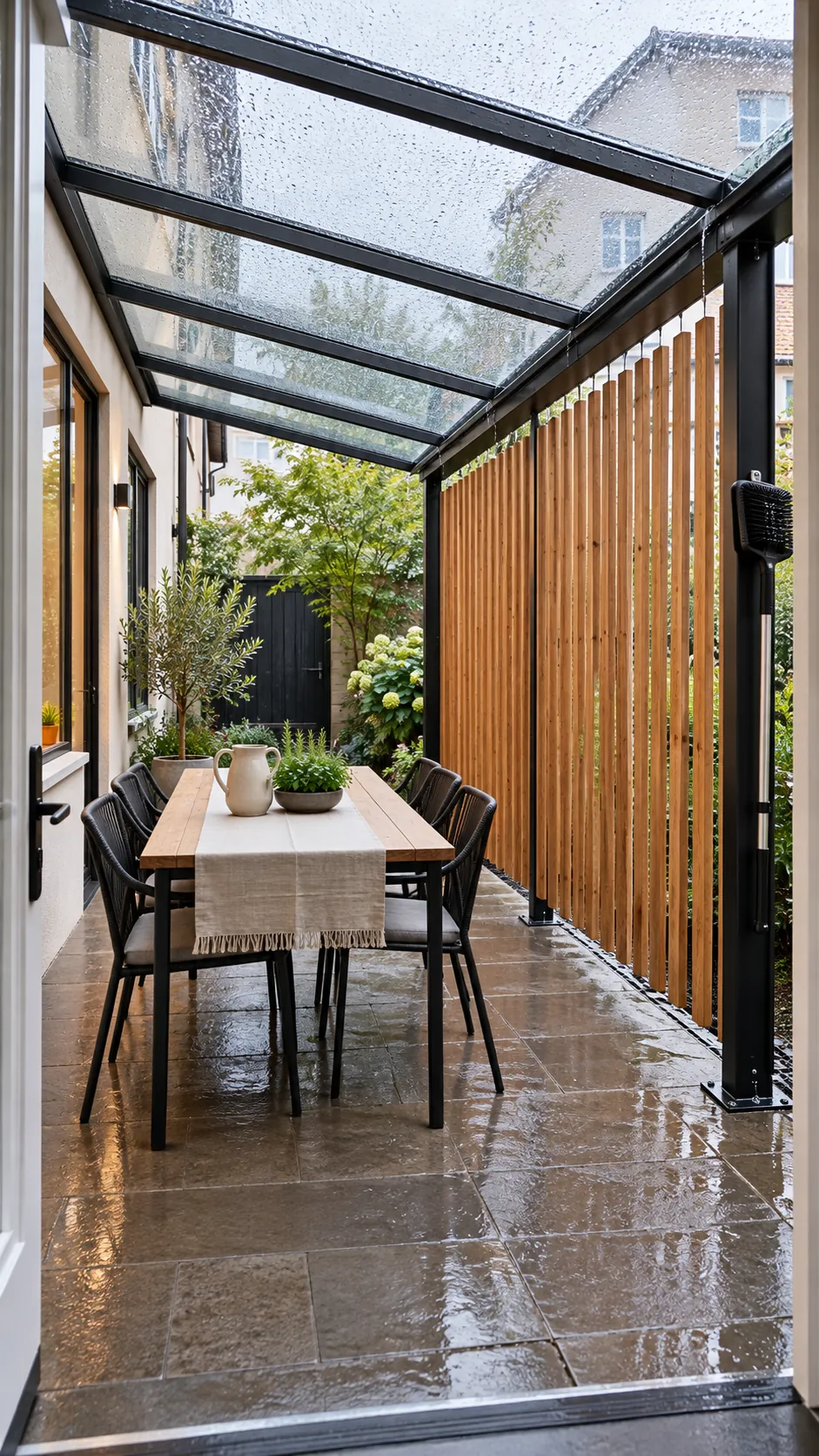 Pergola with clear roof and timber slat privacy wall
