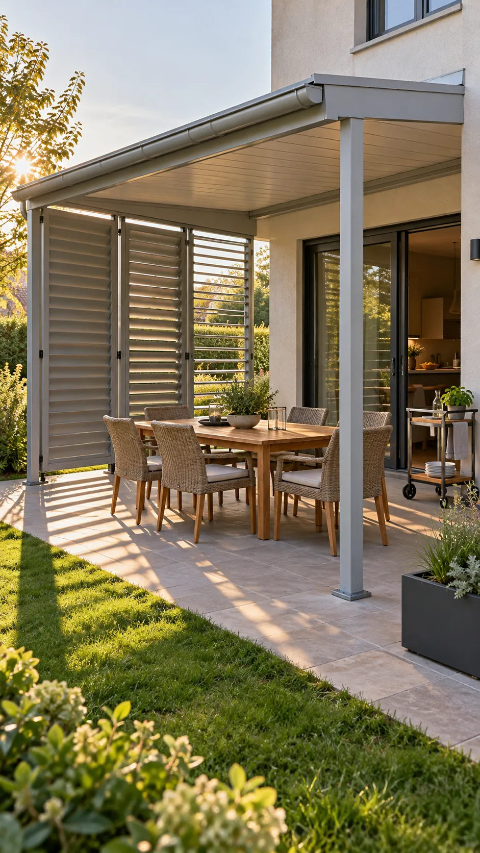 Attached roofed pergola with adjustable side shutters
