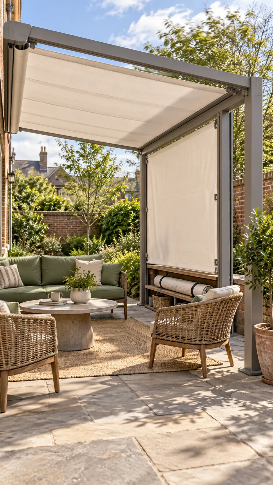 Pergola with retractable roof and removable fabric sides