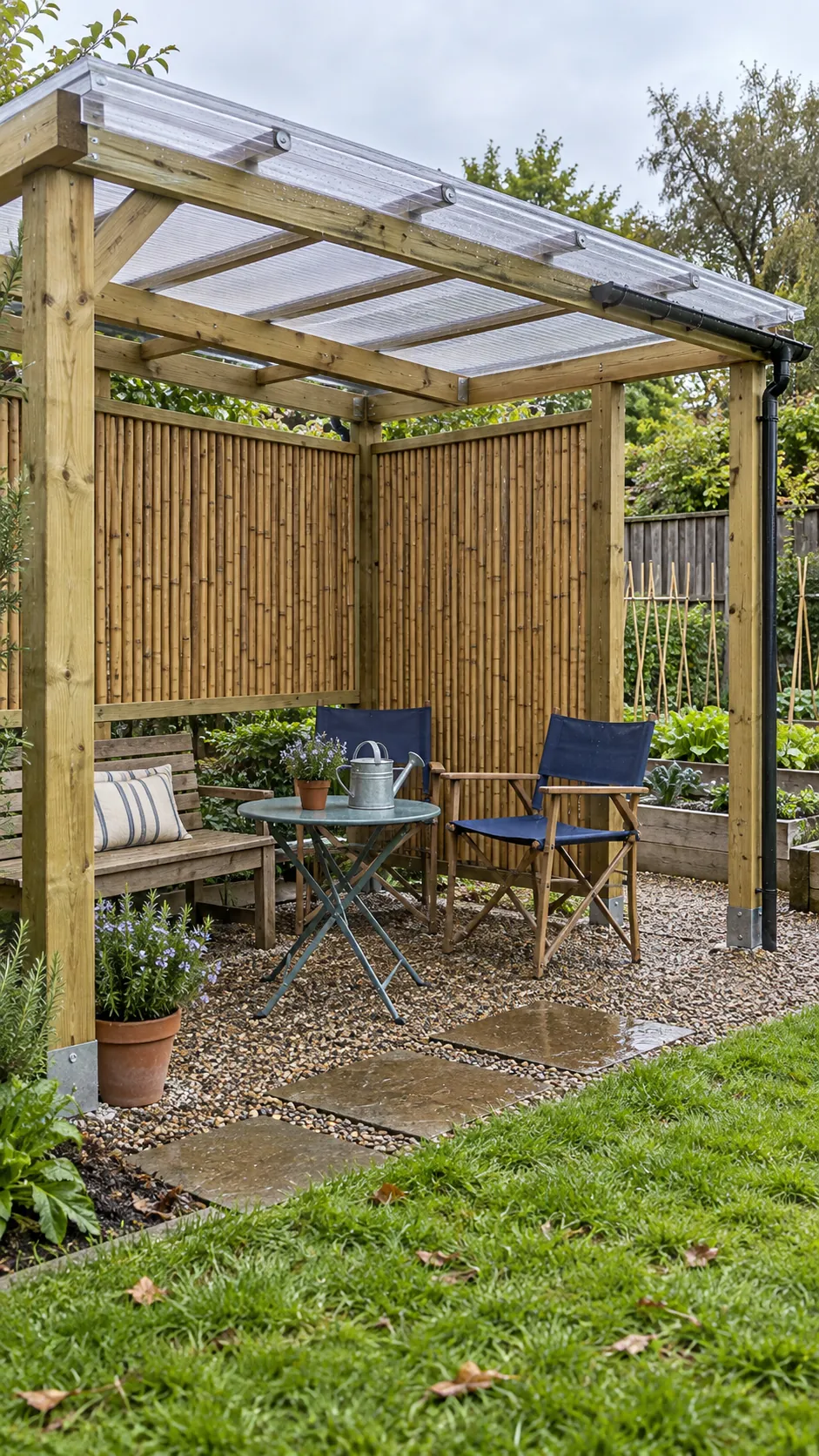 Pergola with polycarbonate roof and bamboo side screens