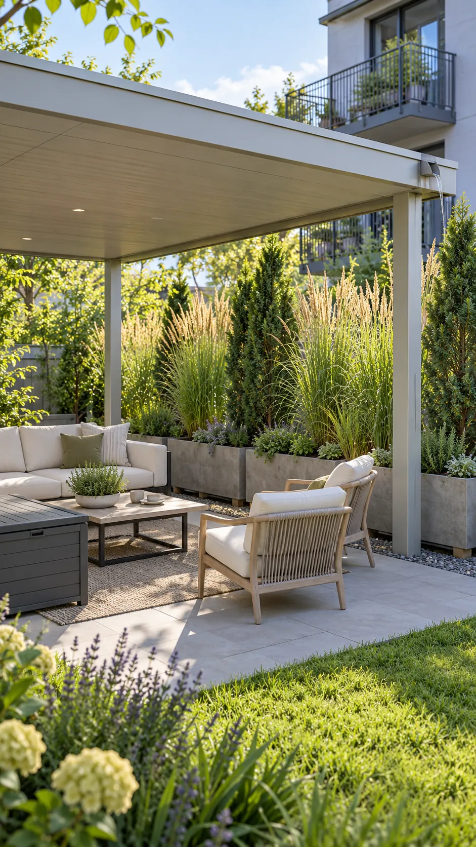 Flat roofed pergola with planted privacy edge