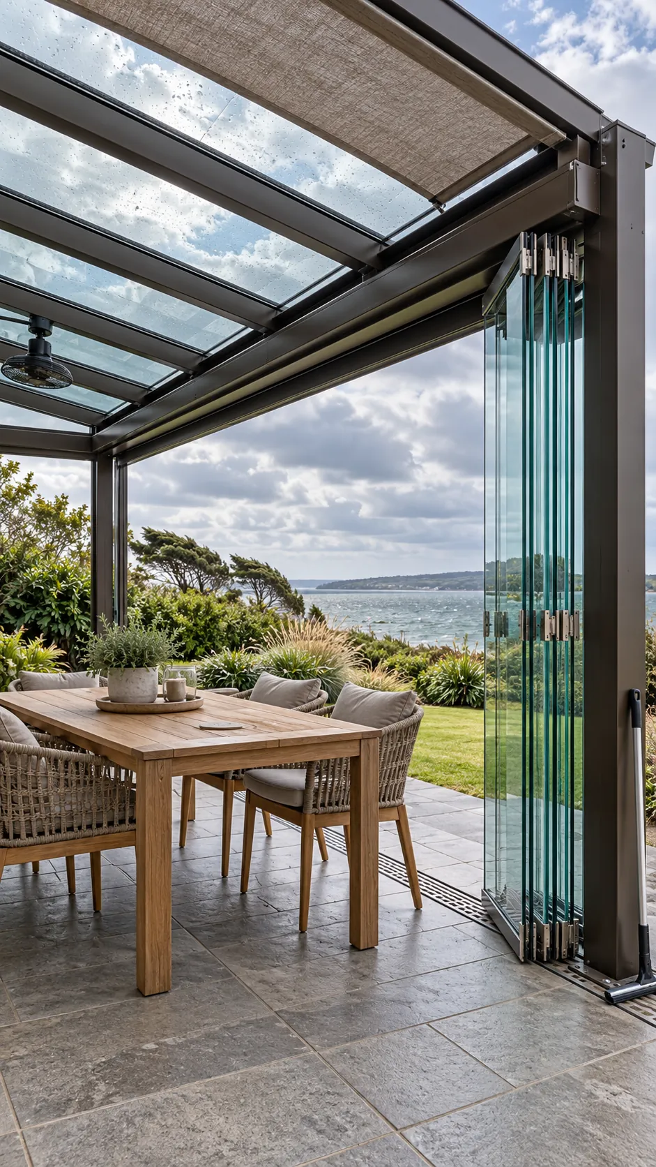 Glass roofed pergola with folding glass side doors