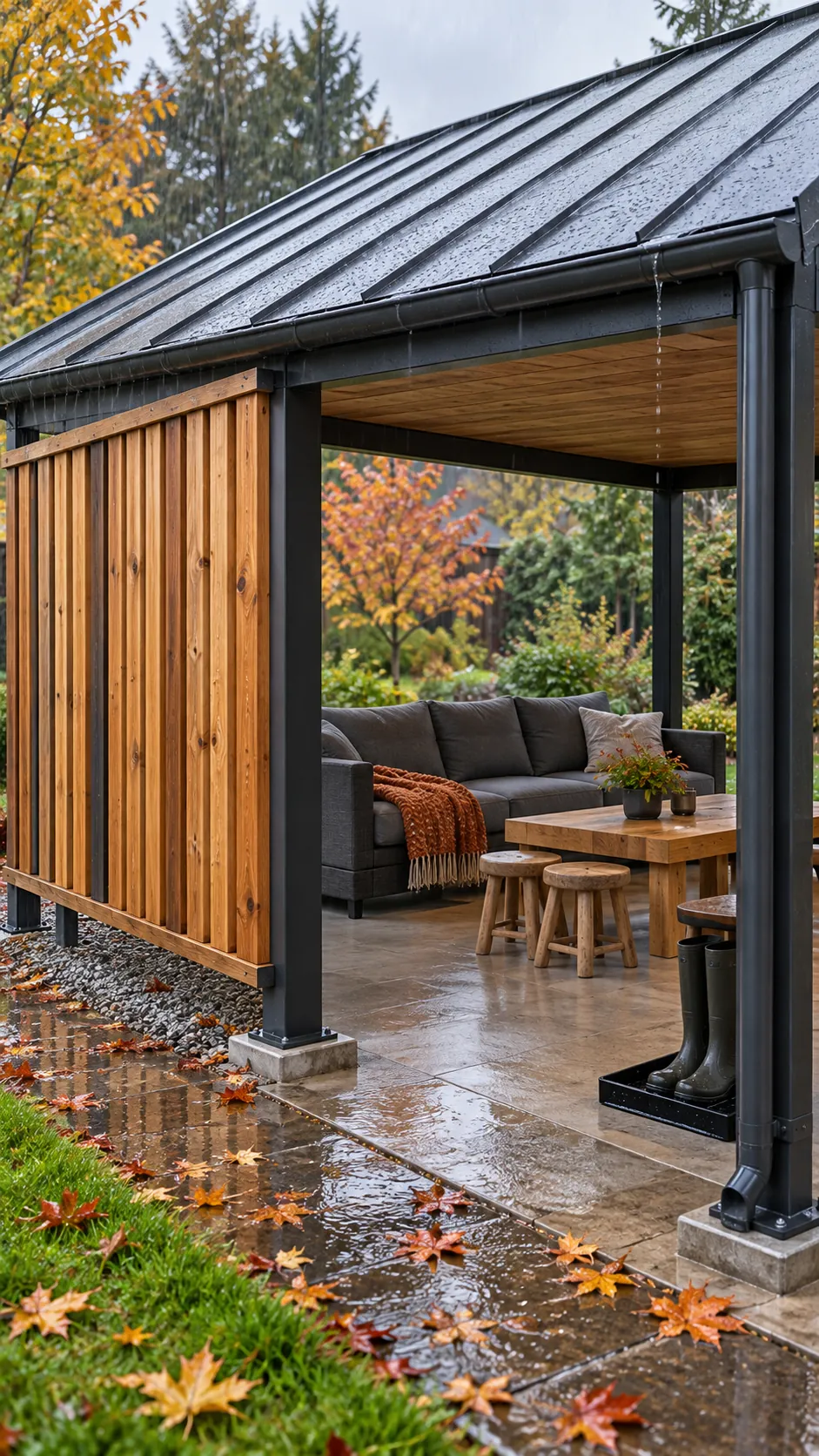 Pergola with standing seam roof and cedar side boards