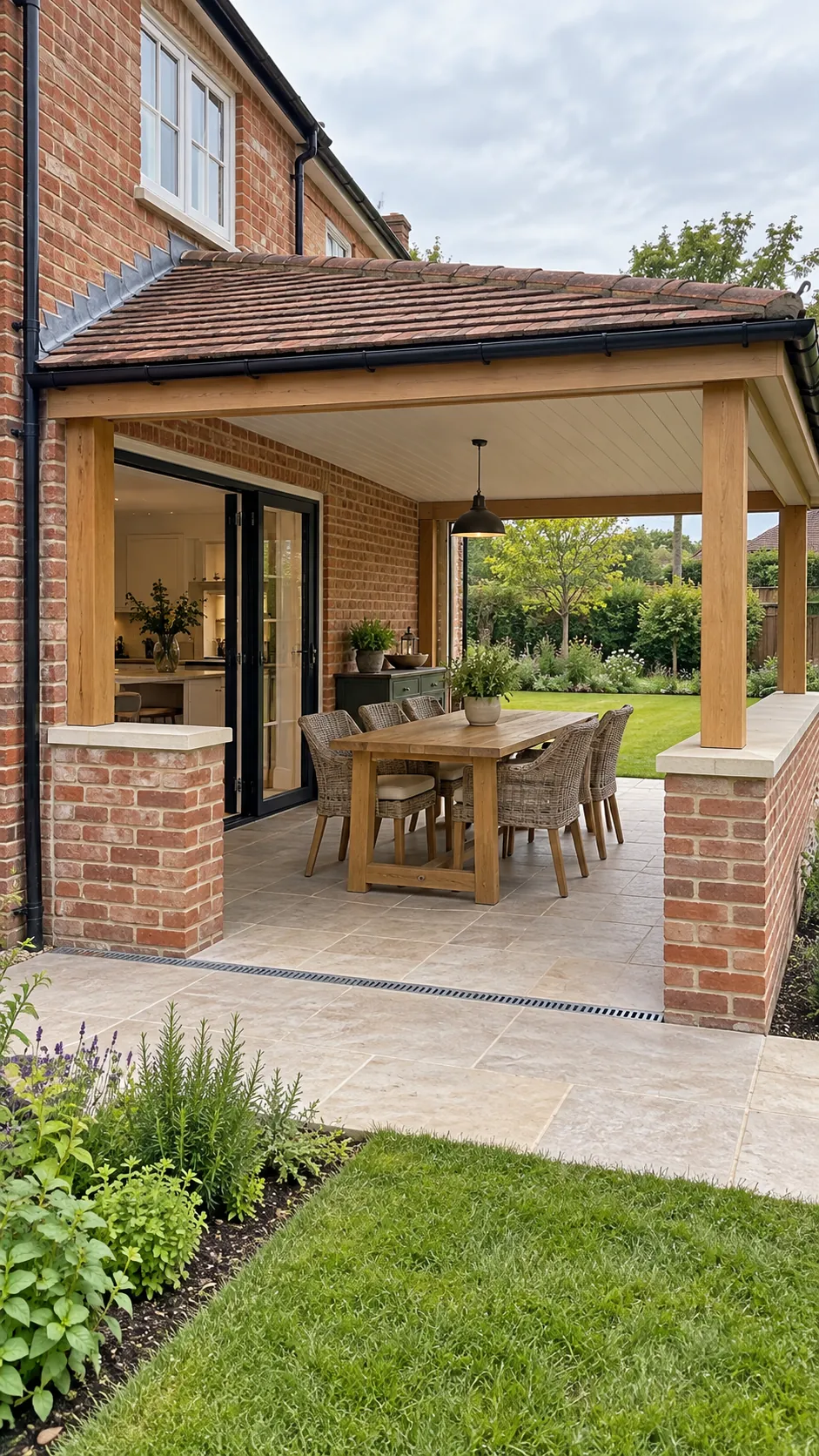 Patio roof extension with brick half walls