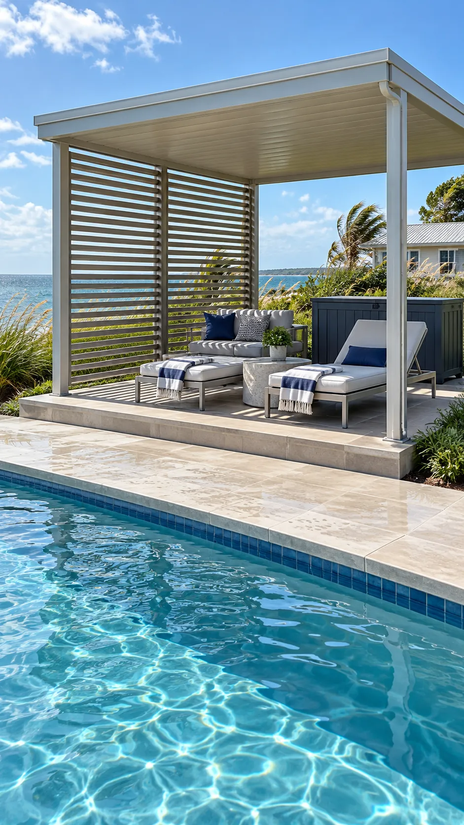 Poolside roofed pergola with slatted wind screens