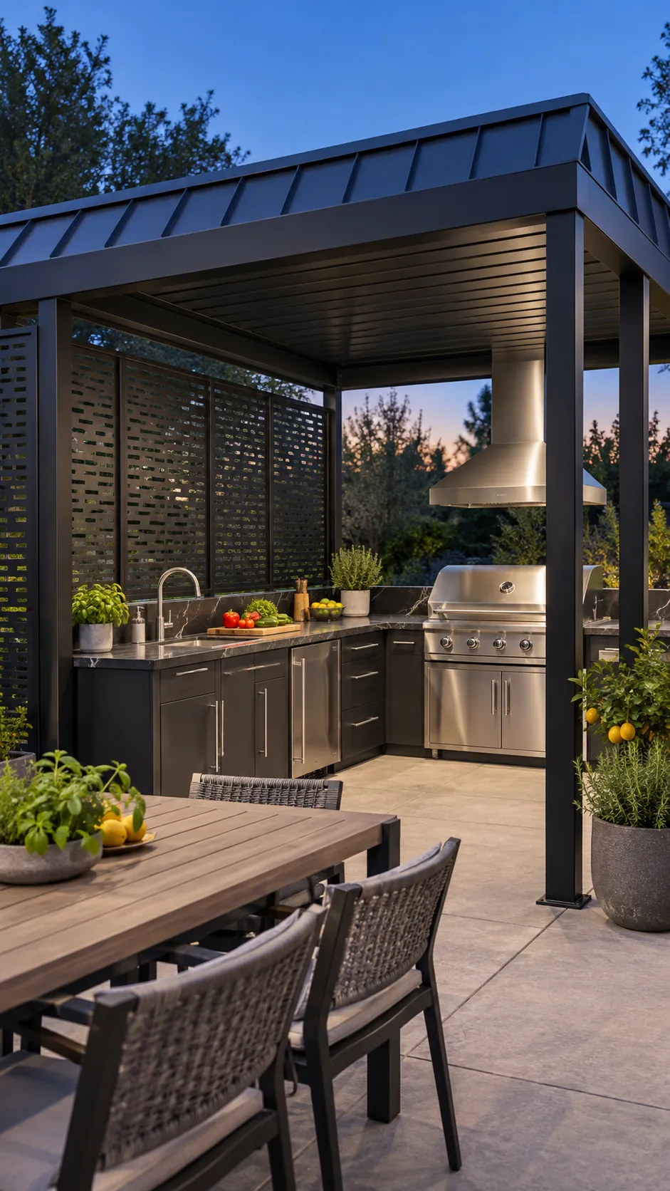 Roofed outdoor kitchen pergola with ventilated sides