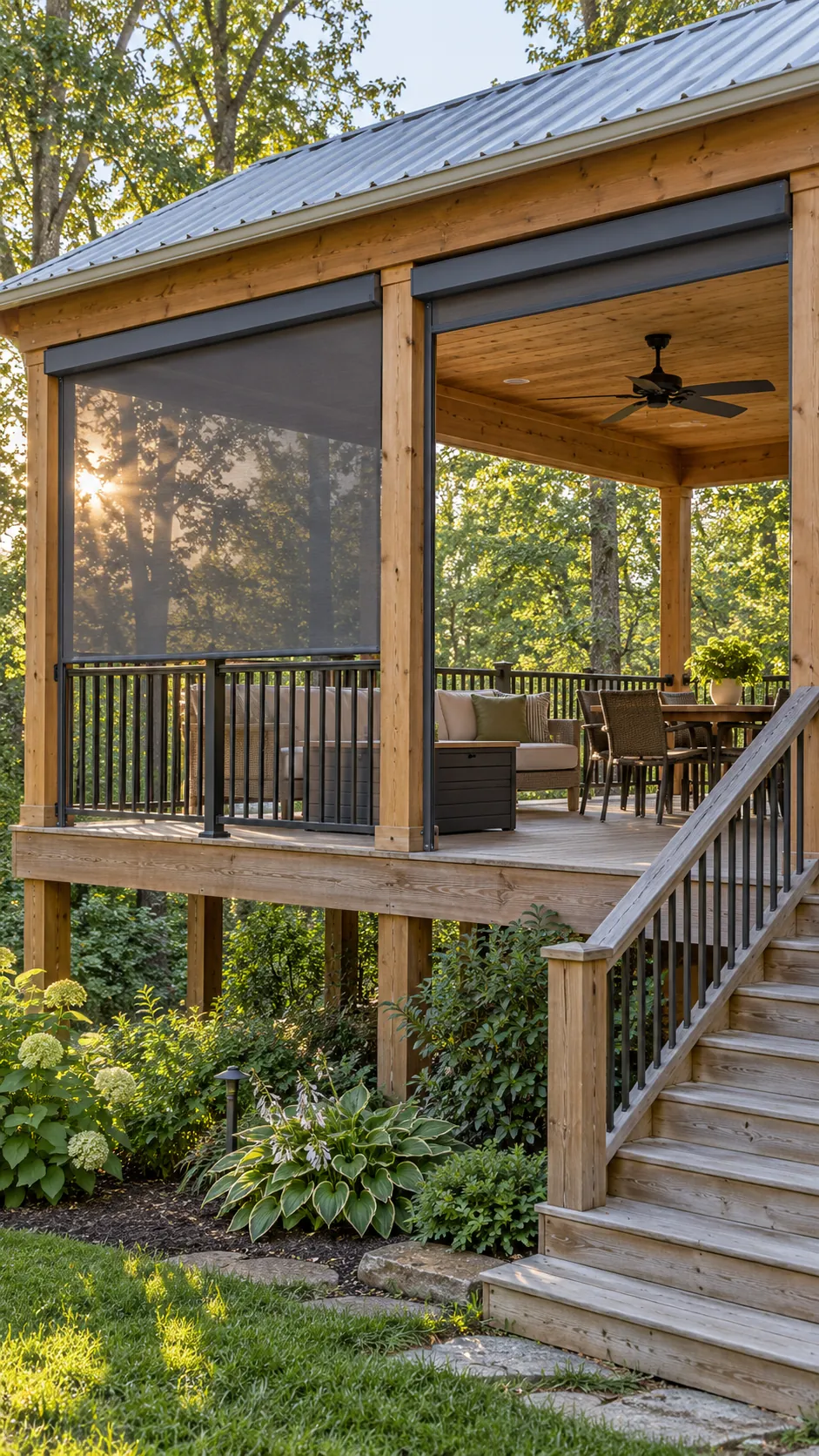 Covered deck pergola with roll down mesh shades